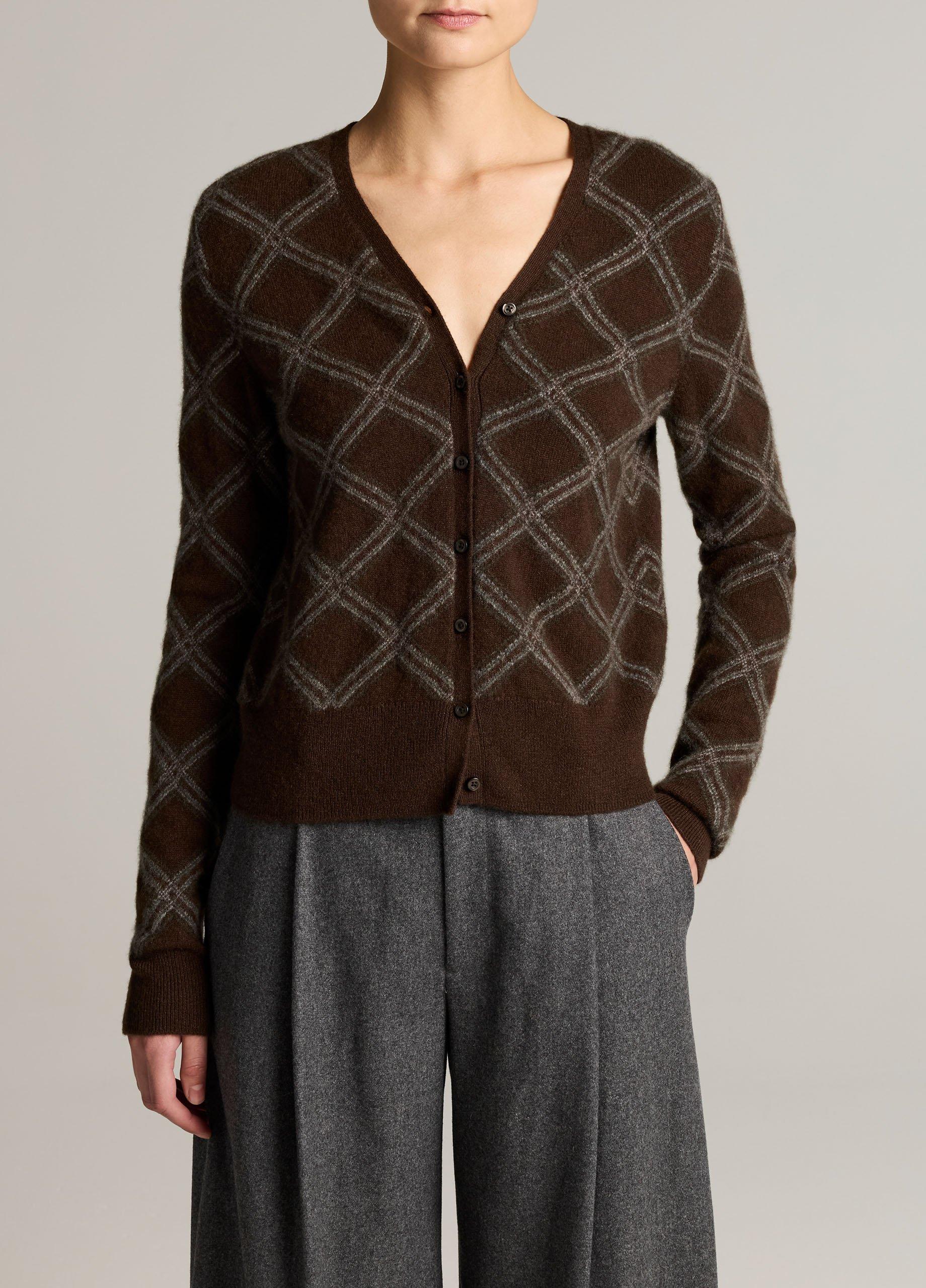 Diamond Plaid Cashmere V-Neck Cardigan image number 0