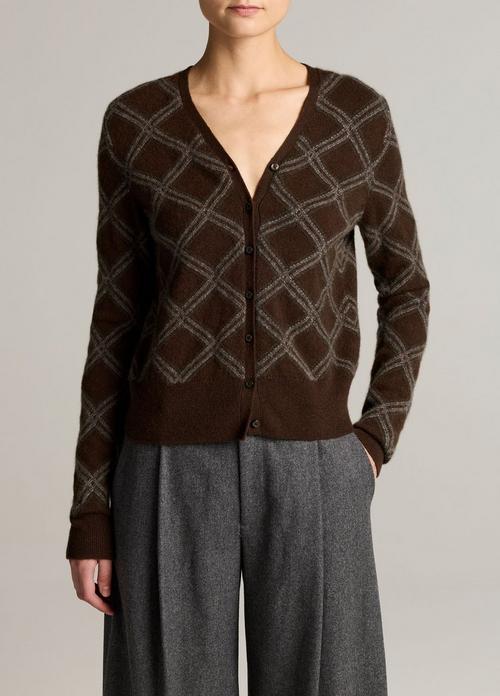 Diamond Plaid Cashmere V-Neck Cardigan