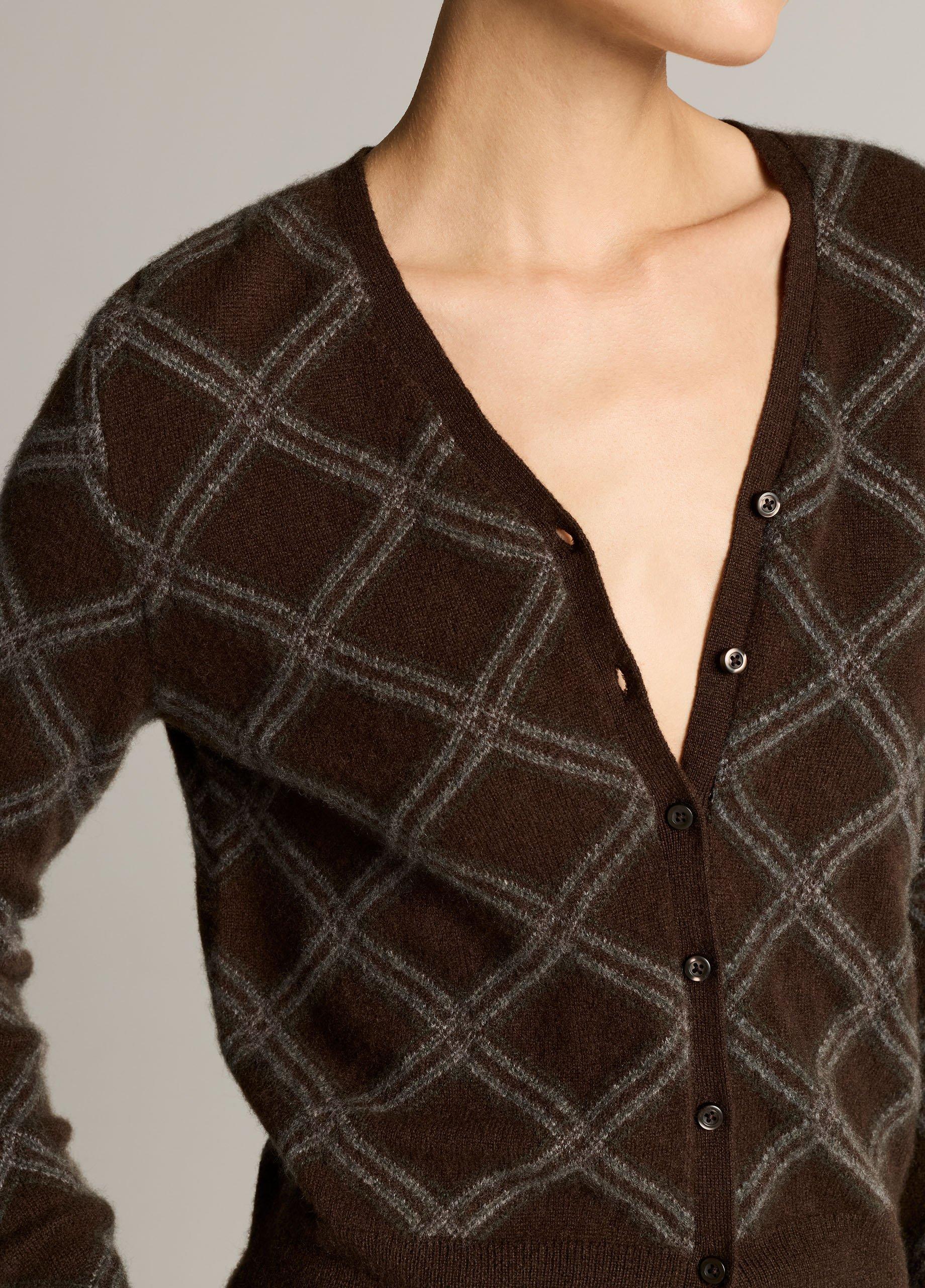 Diamond Plaid Cashmere V-Neck Cardigan image number 1
