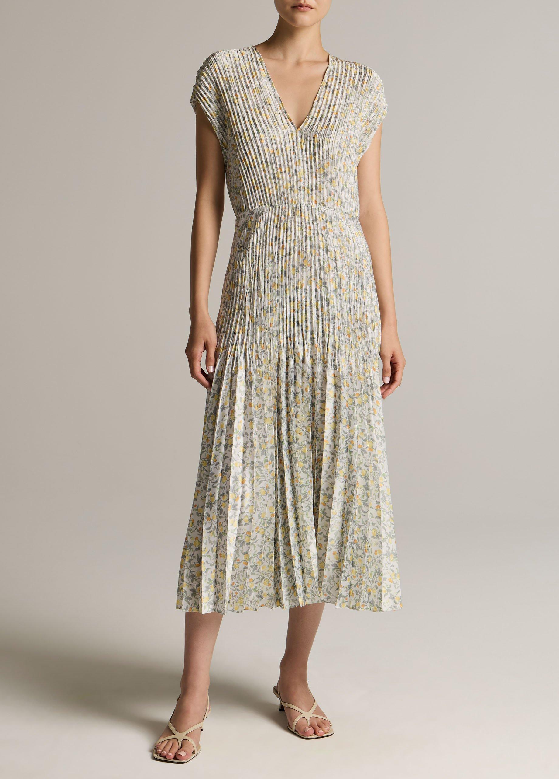 Citrine Bloom Pleated Satin Dress image number 0