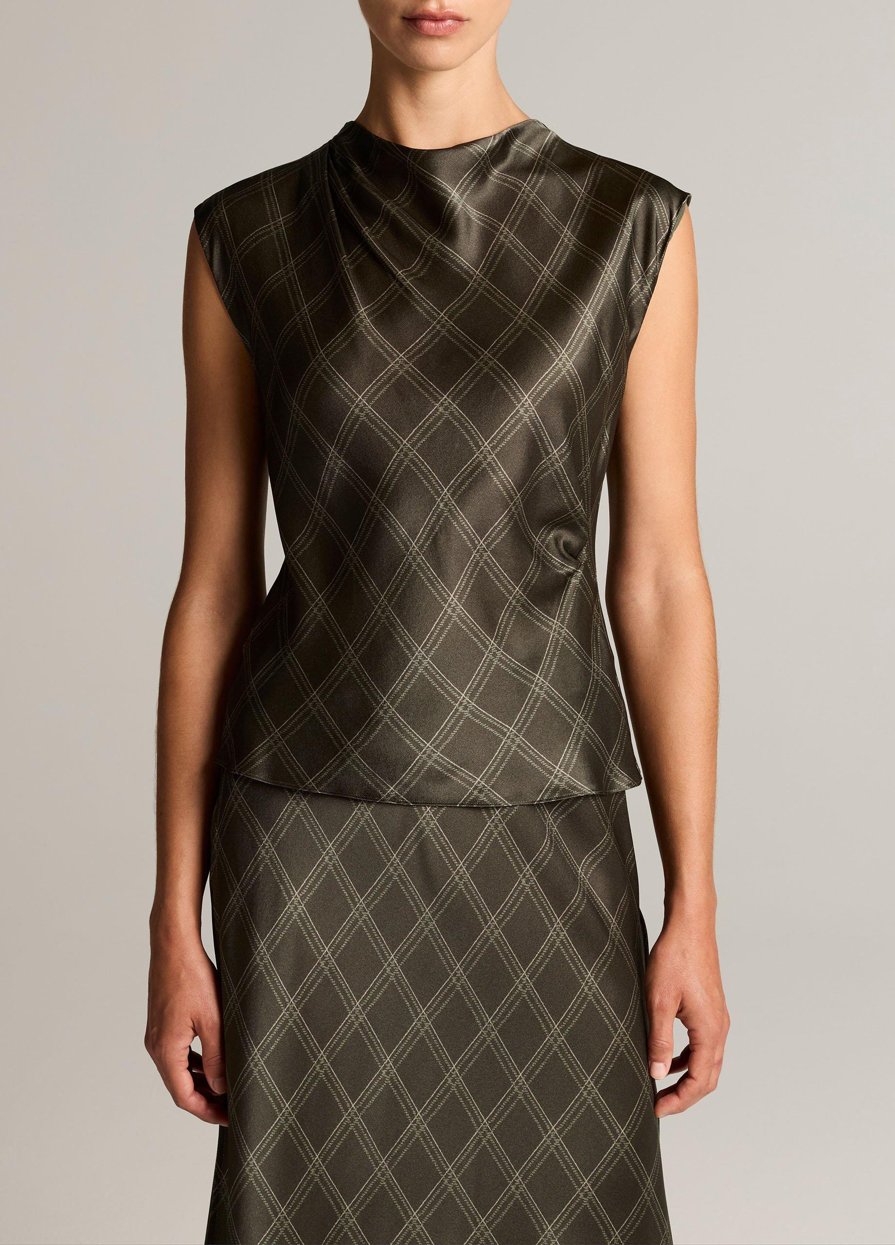 Diamond Plaid Silk Draped Cowl-Neck Top image number 0
