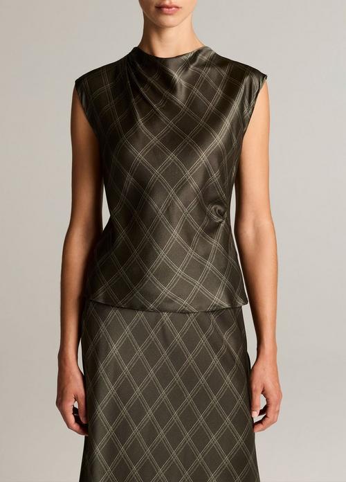 Diamond Plaid Silk Draped Cowl-Neck Top