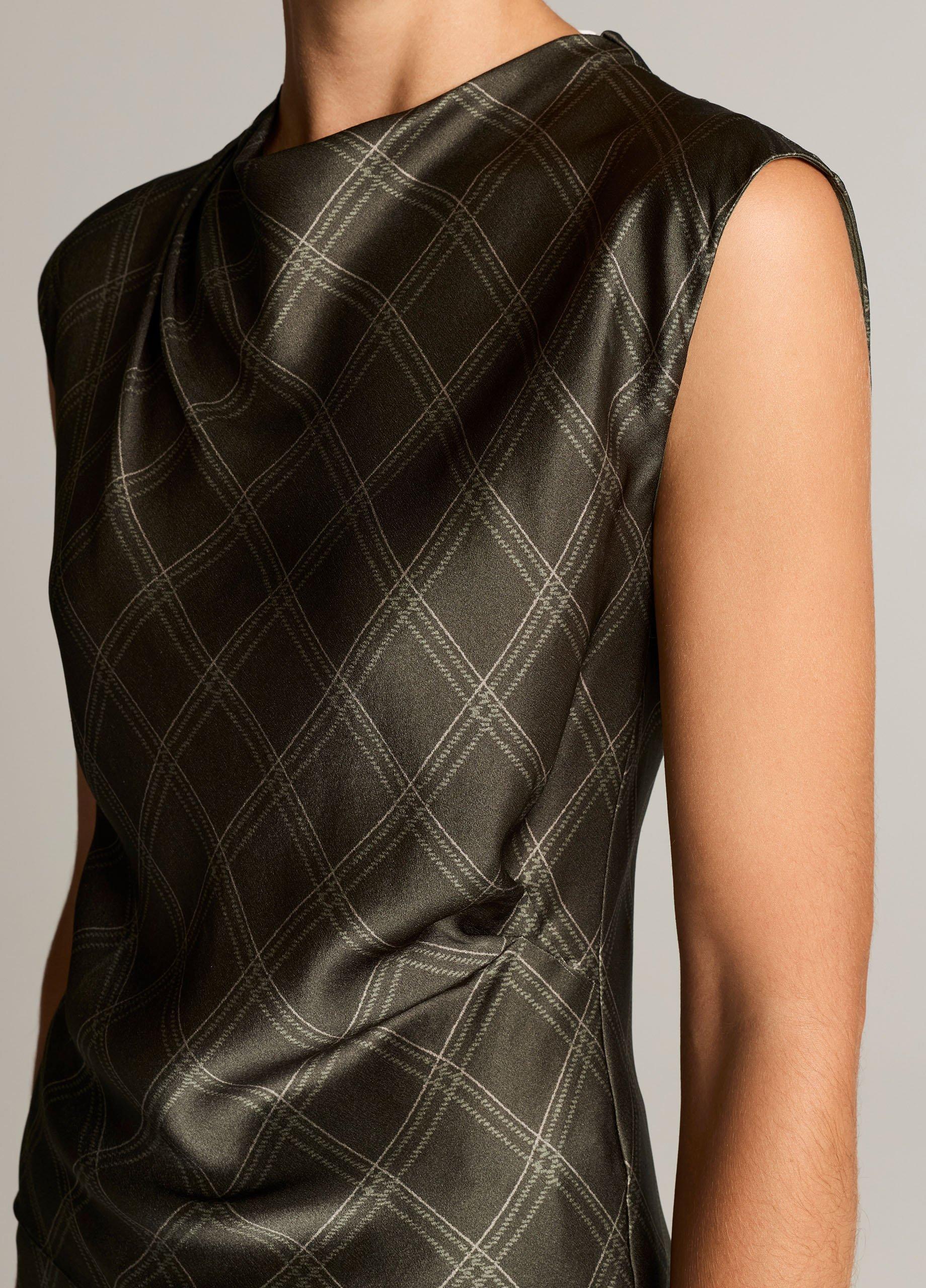 Diamond Plaid Silk Draped Cowl-Neck Top image number 1