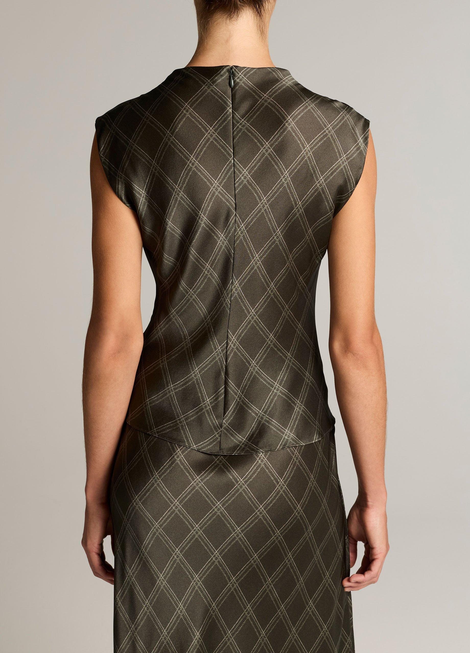 Diamond Plaid Silk Draped Cowl-Neck Top image number 2
