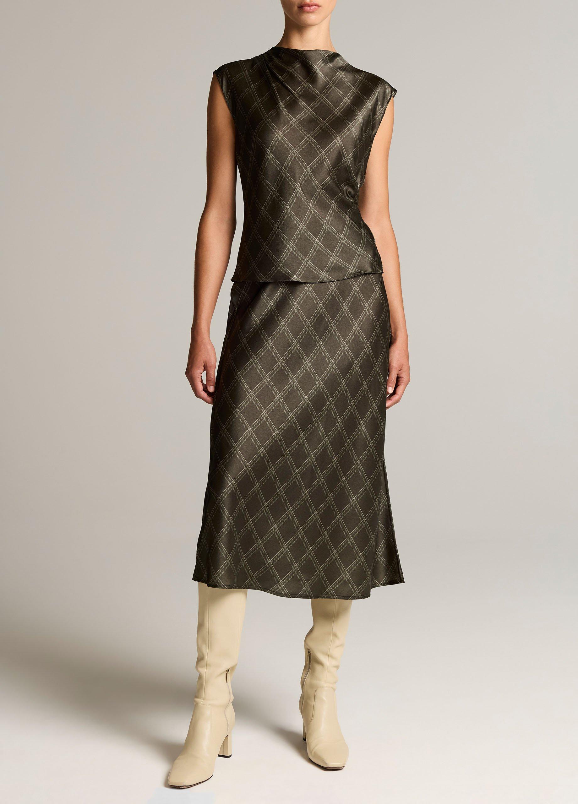 Diamond Plaid Silk Draped Cowl-Neck Top image number 3