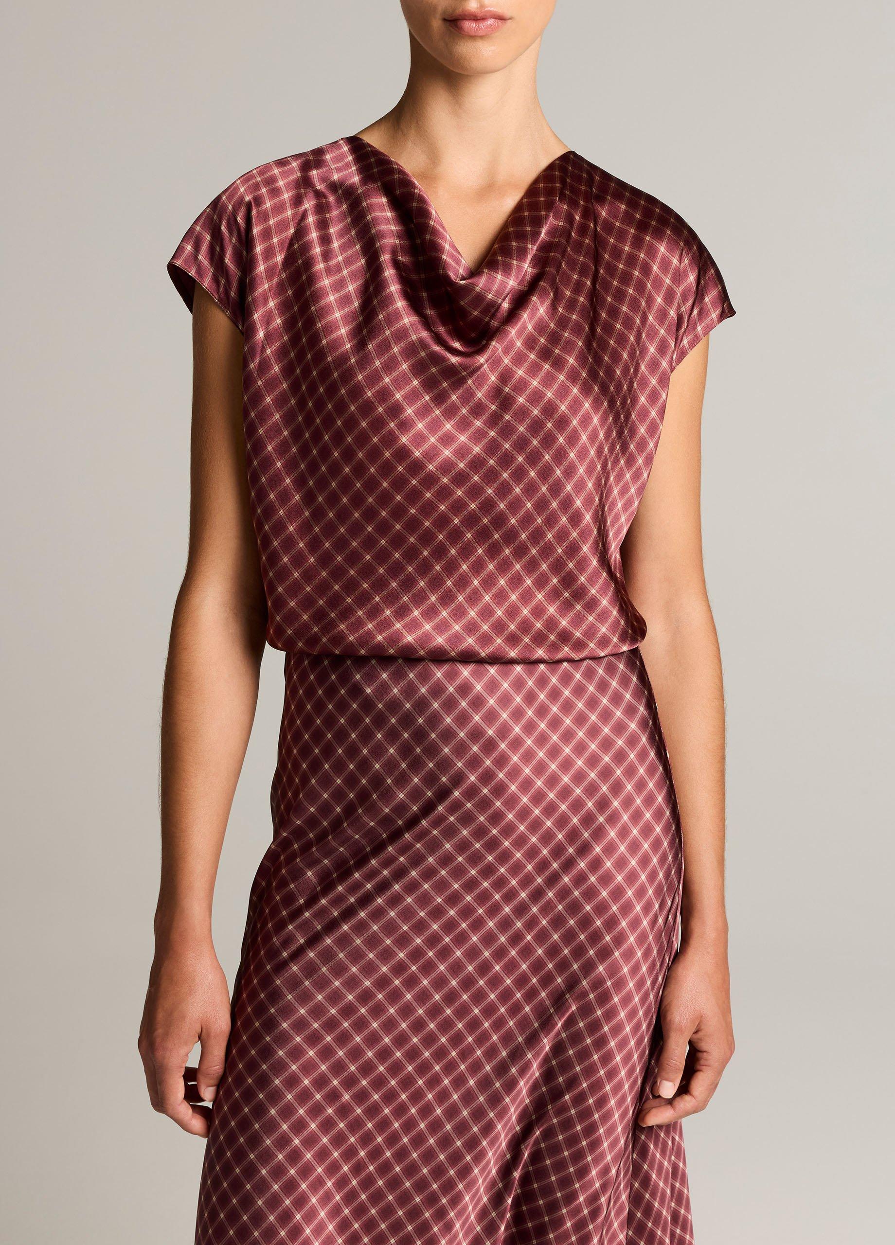 Ombr&eacute; Plaid Silk Satin Cowl-Neck Blouse image number 0