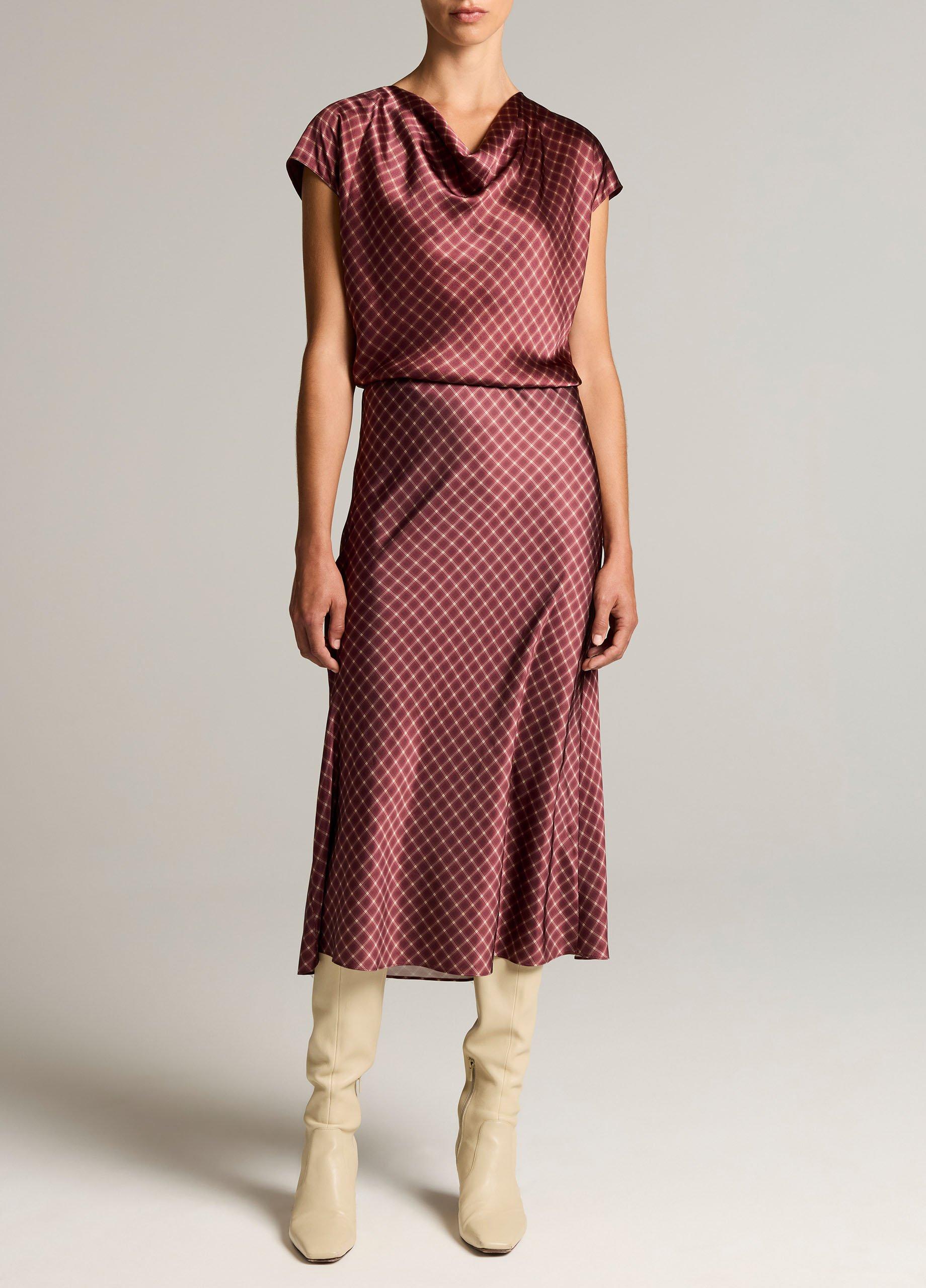 Ombr&eacute; Plaid Silk Satin Cowl-Neck Blouse image number 3