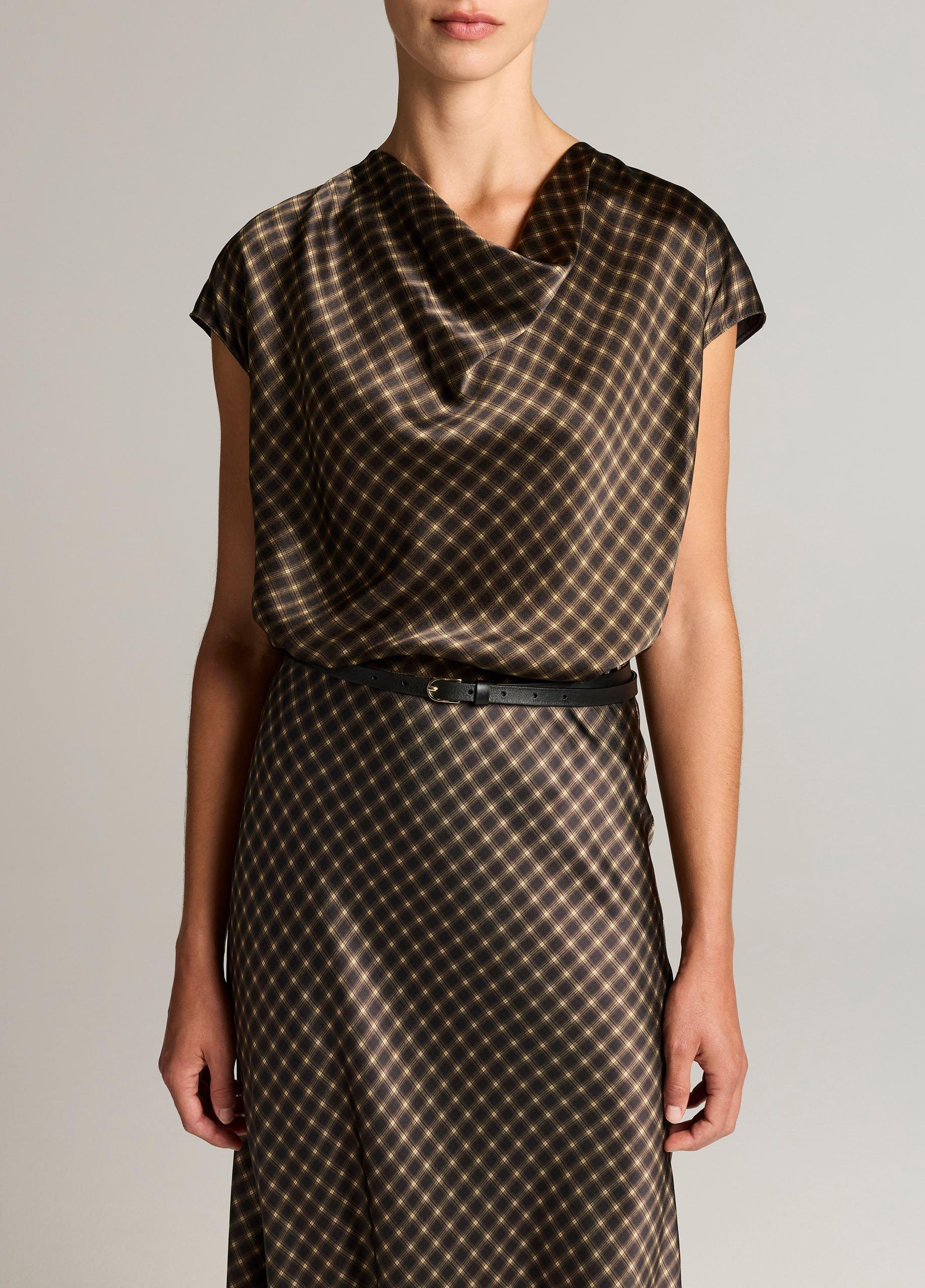 Ombr&eacute; Plaid Silk Satin Cowl-Neck Blouse image number 0