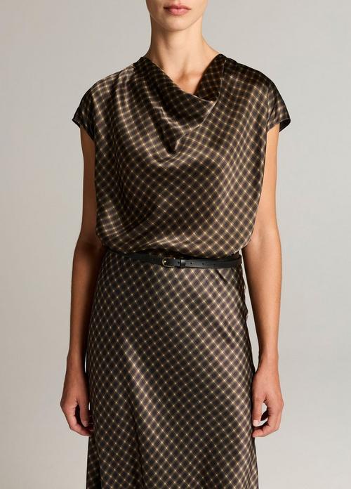 Ombr&eacute; Plaid Silk Satin Cowl-Neck Blouse