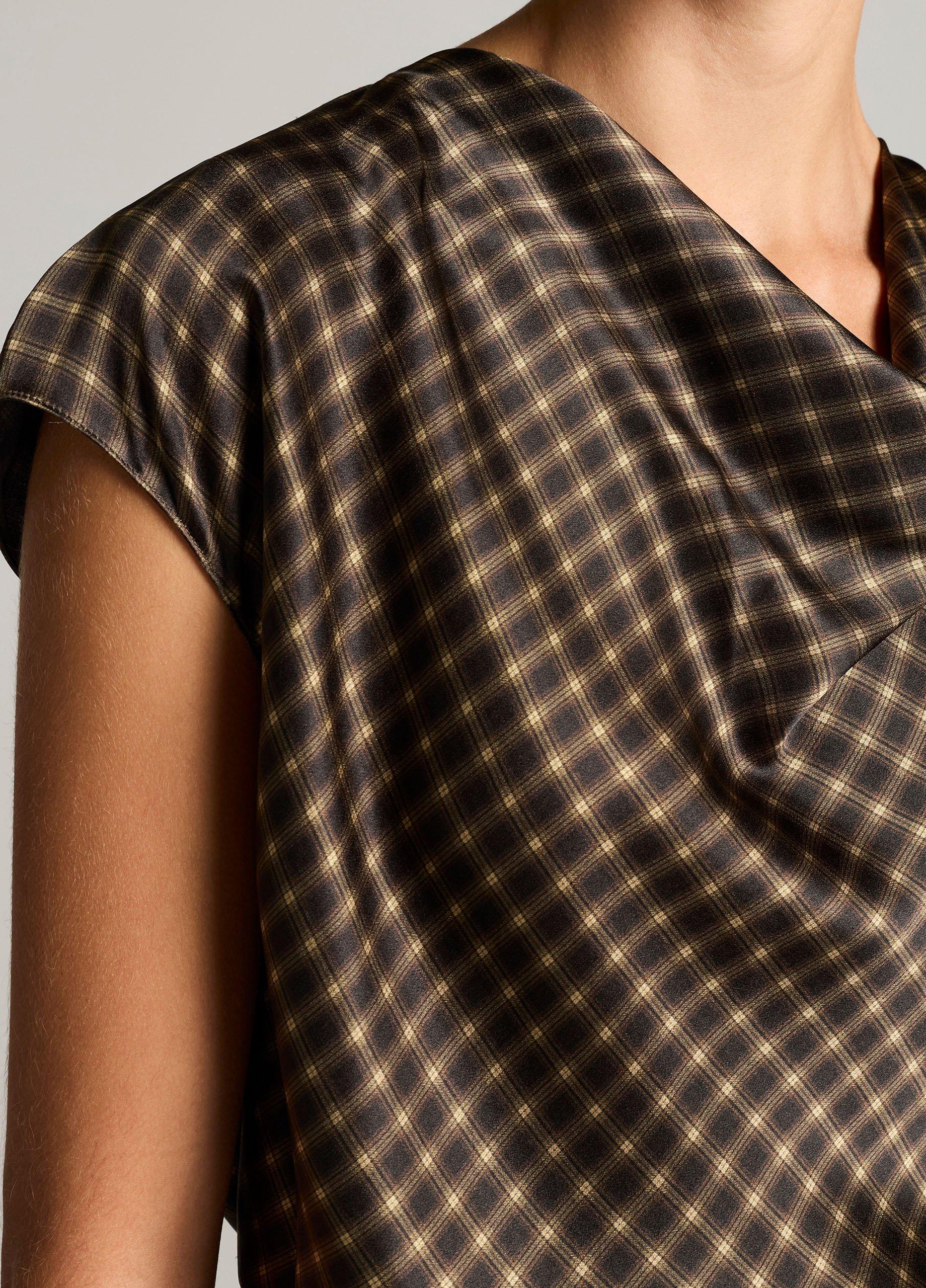 Ombr&eacute; Plaid Silk Satin Cowl-Neck Blouse image number 1