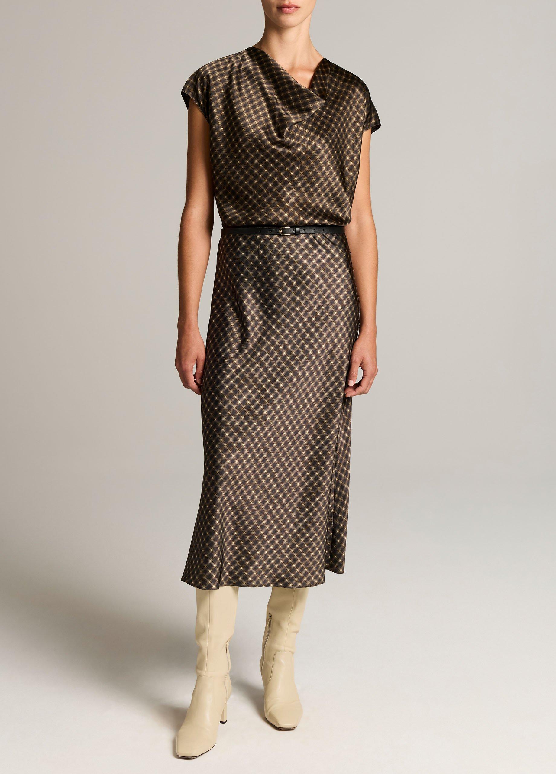 Ombr&eacute; Plaid Silk Satin Cowl-Neck Blouse image number 3