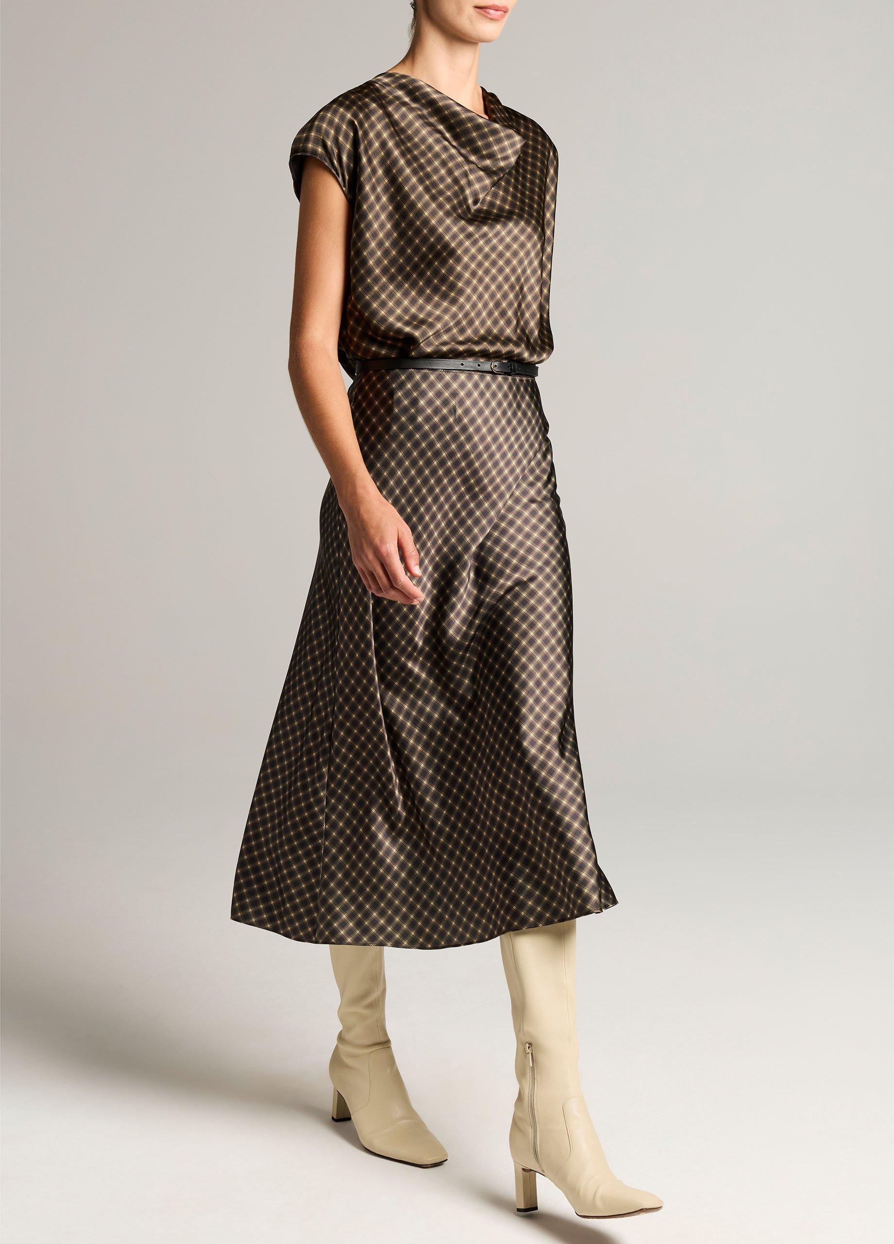 Ombr&eacute; Plaid Lingerie-Trim Satin Slip Skirt image number 1