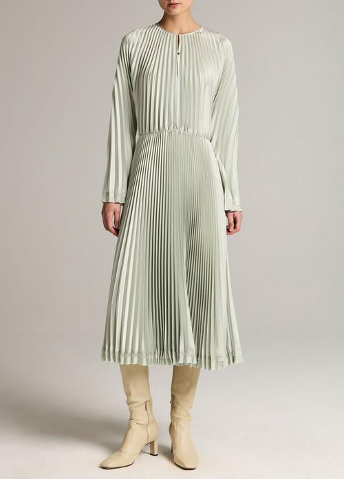 Contrast-Trim Pleated Satin Dress