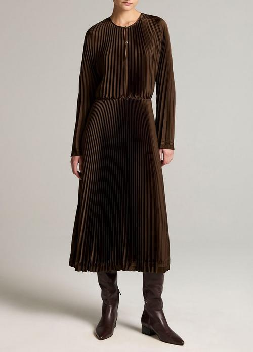 Contrast-Trim Pleated Satin Dress