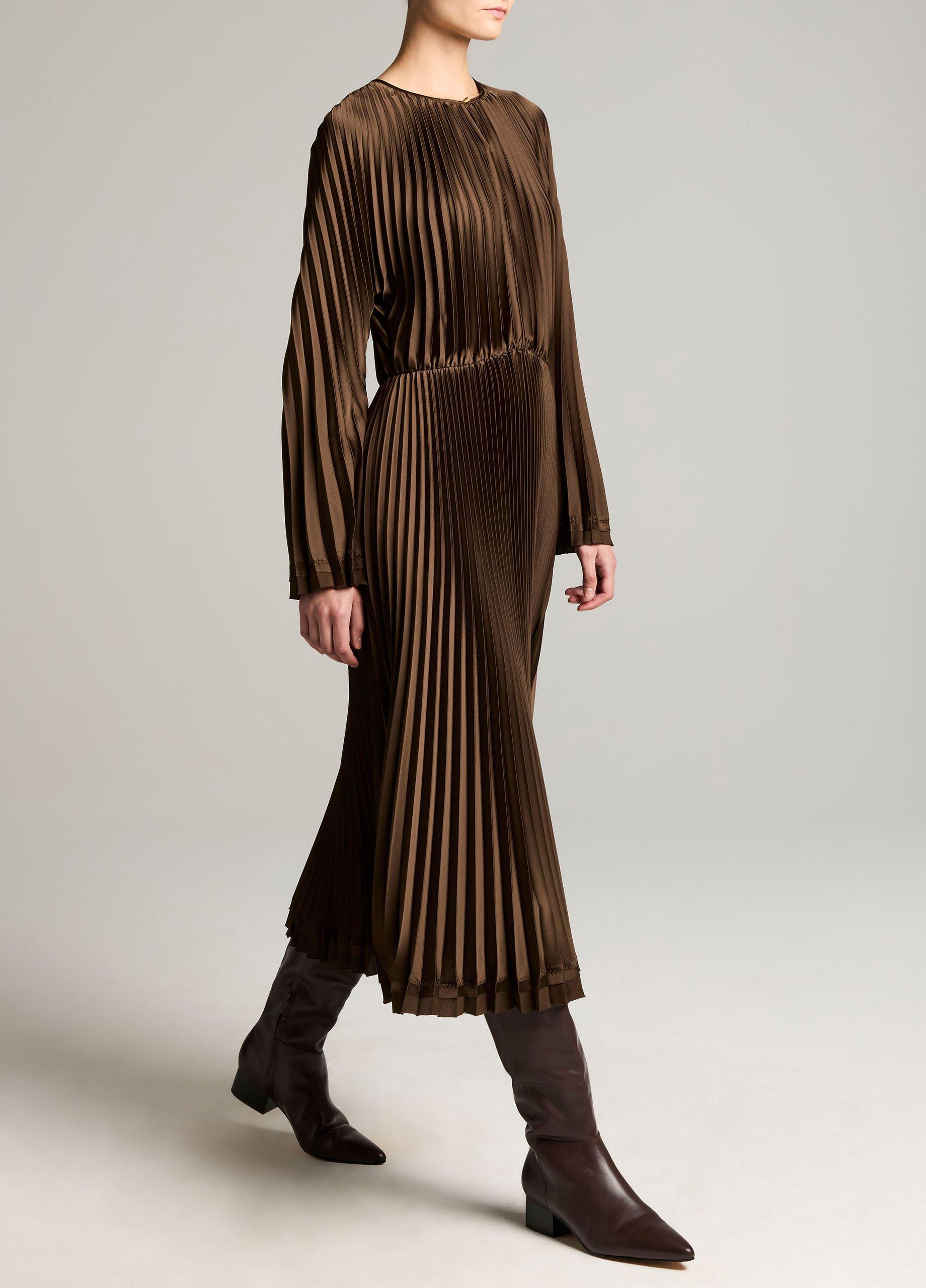 Contrast-Trim Pleated Satin Dress image number 1