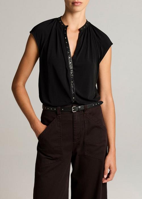 Studded Matte Jersey Cap-Sleeve Top