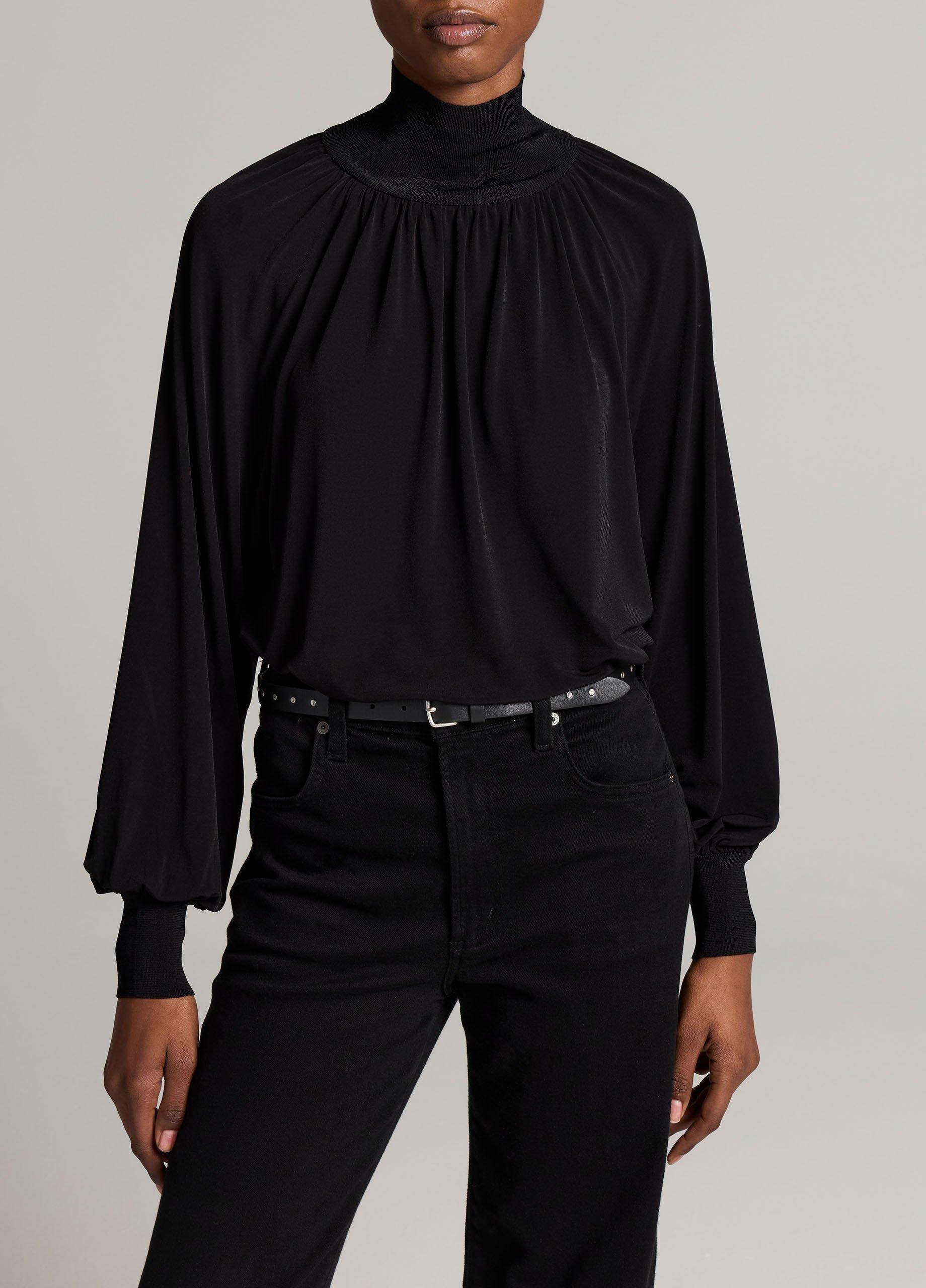 Rib-Trim Gathered Long-Sleeve Turtleneck Top image number 0