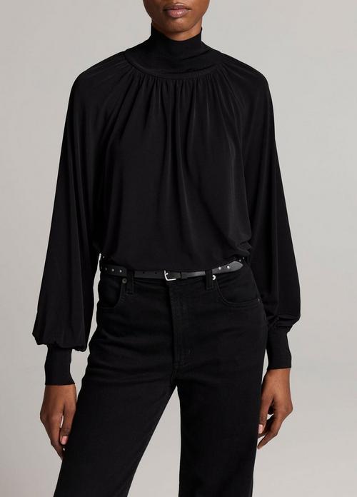 Rib-Trim Gathered Long-Sleeve Turtleneck Top