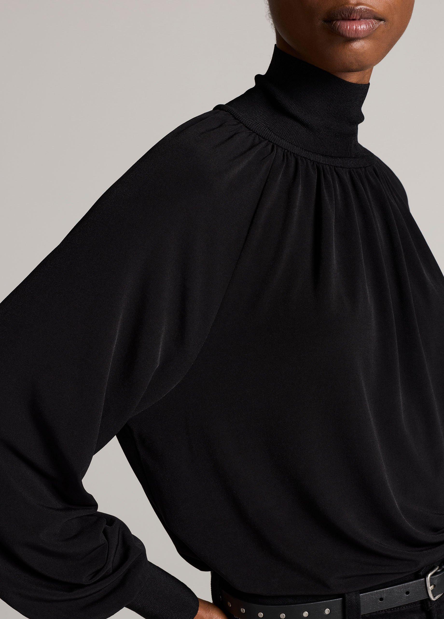 Rib-Trim Gathered Long-Sleeve Turtleneck Top image number 1