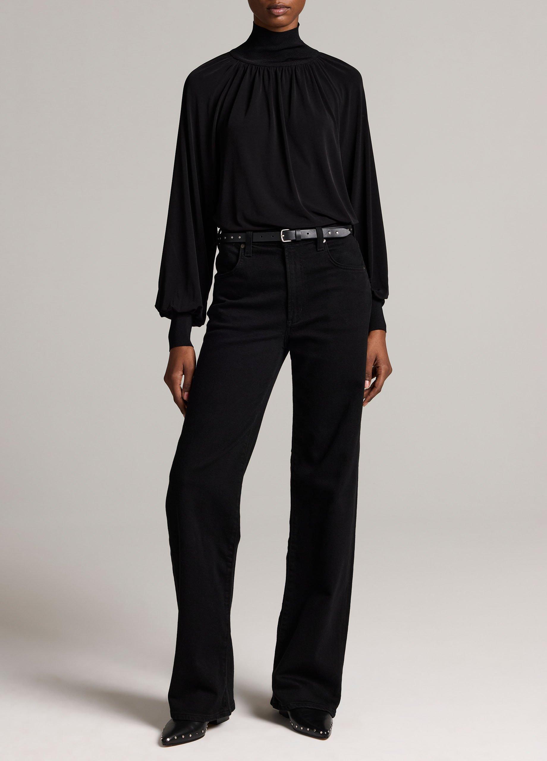 Rib-Trim Gathered Long-Sleeve Turtleneck Top image number 3