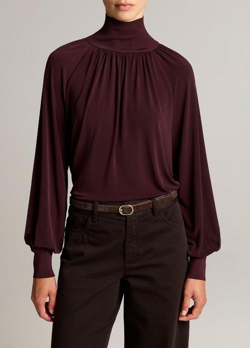 Rib-Trim Gathered Long-Sleeve Turtleneck Top