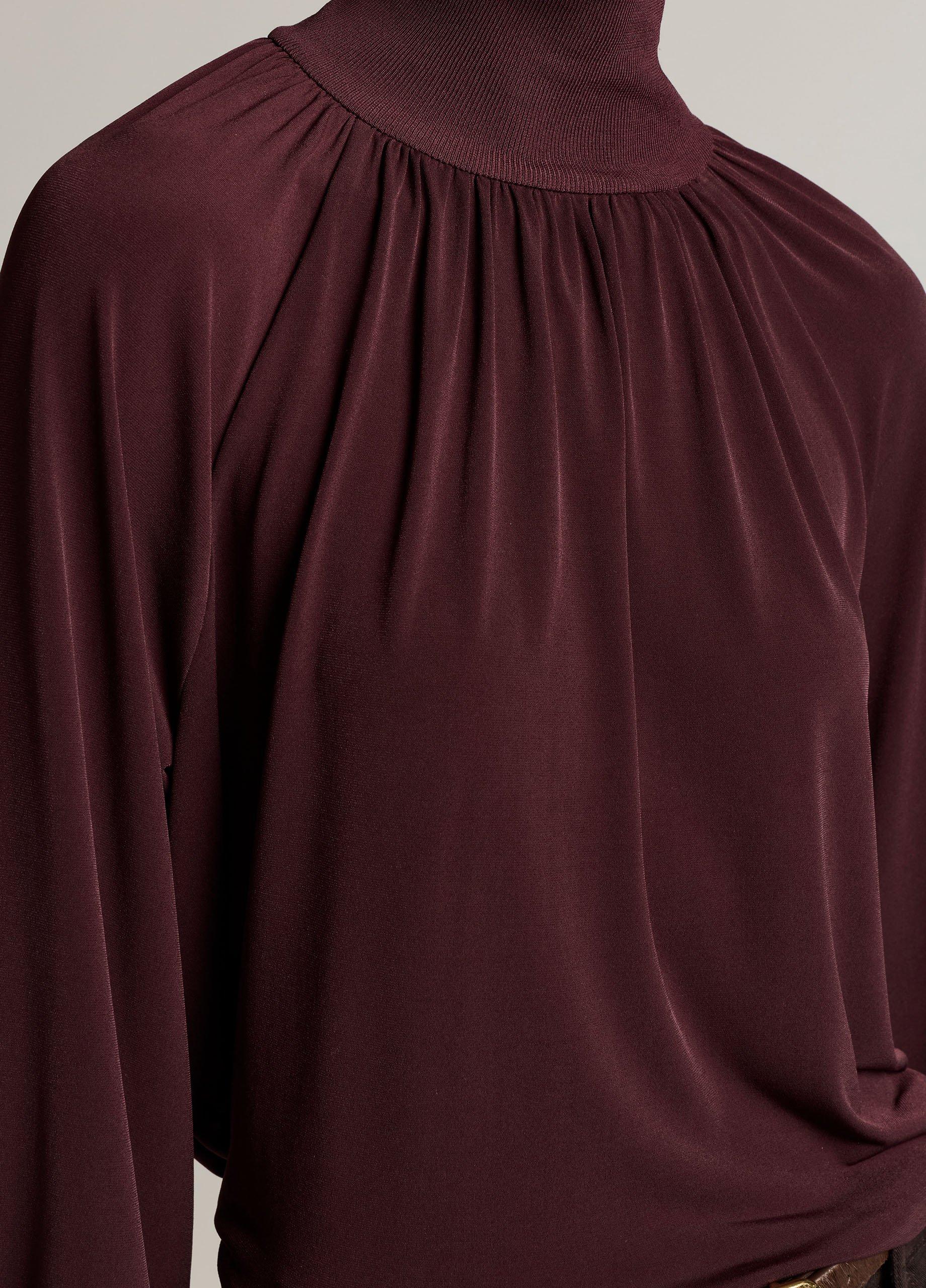 Rib-Trim Gathered Long-Sleeve Turtleneck Top image number 1