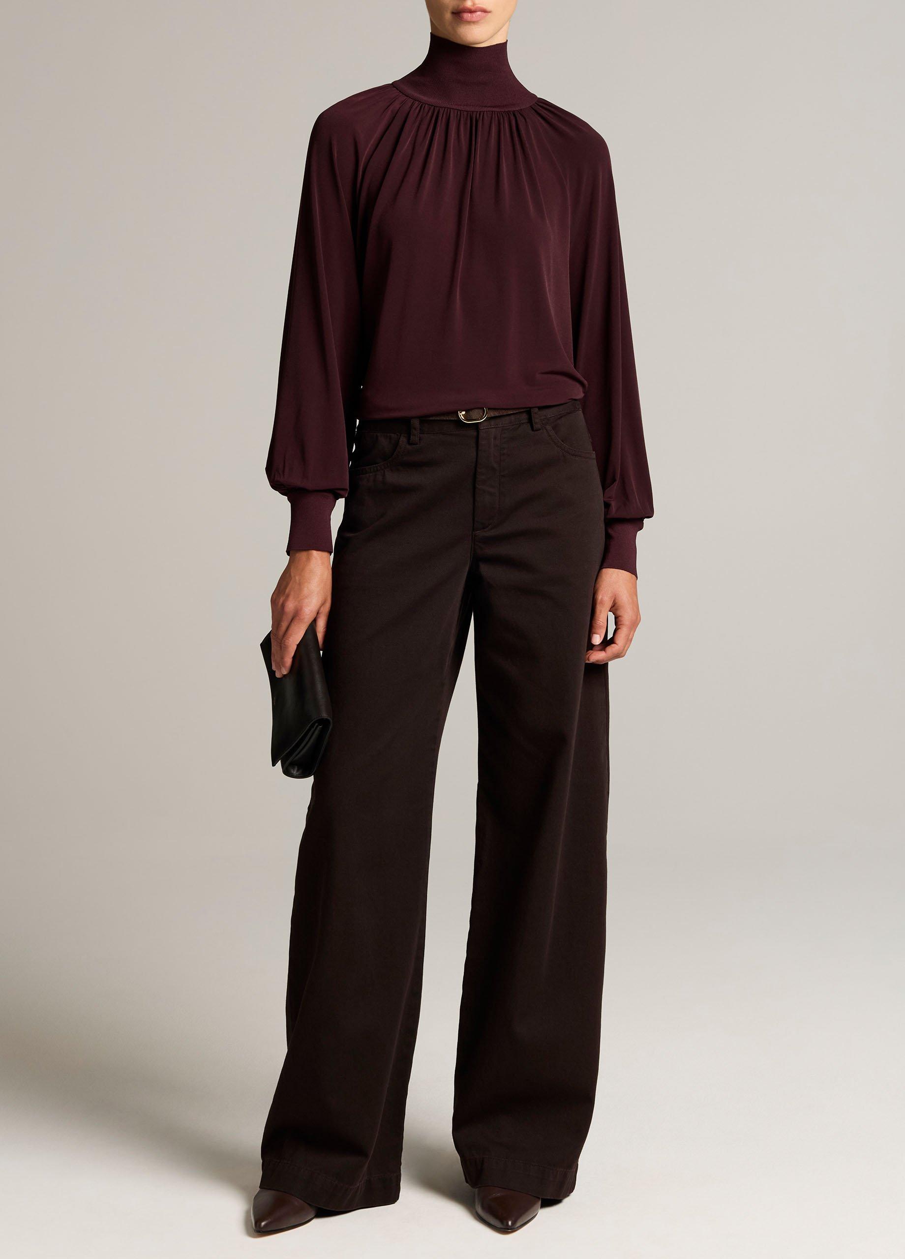 Rib-Trim Gathered Long-Sleeve Turtleneck Top image number 3
