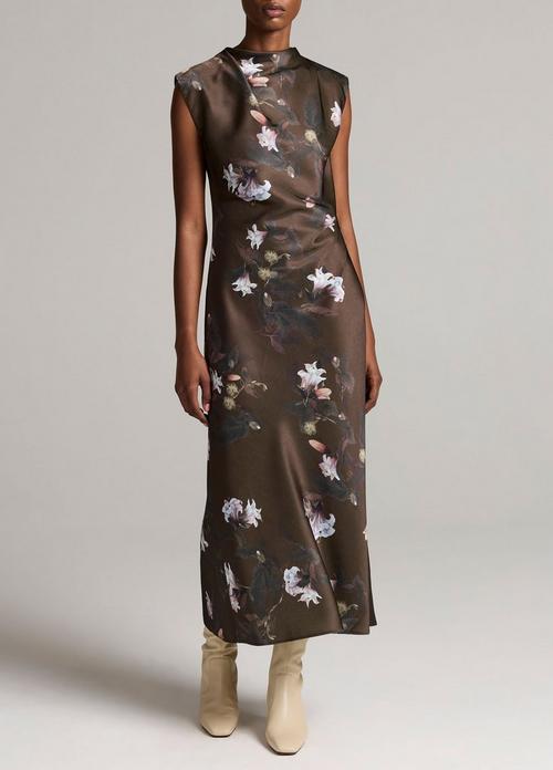 Lily Vine Satin Draped Funnel-Neck Dress