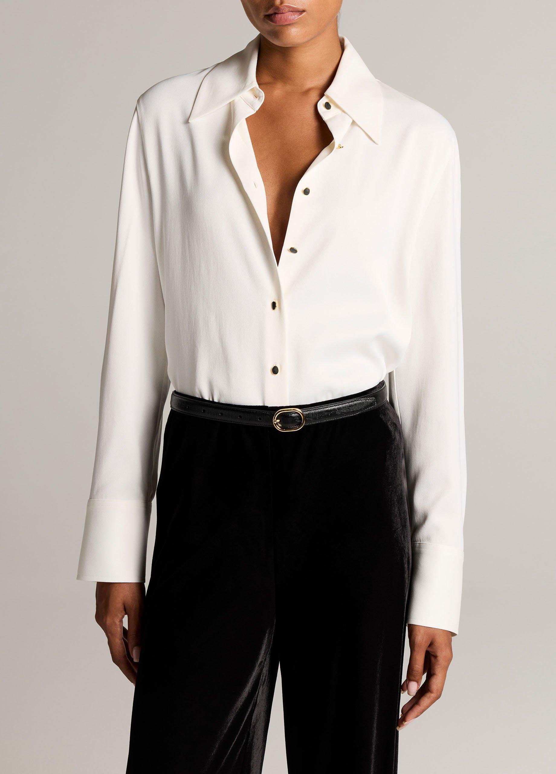 Pendant-Button Satin Slim Button-Front Shirt image number 0