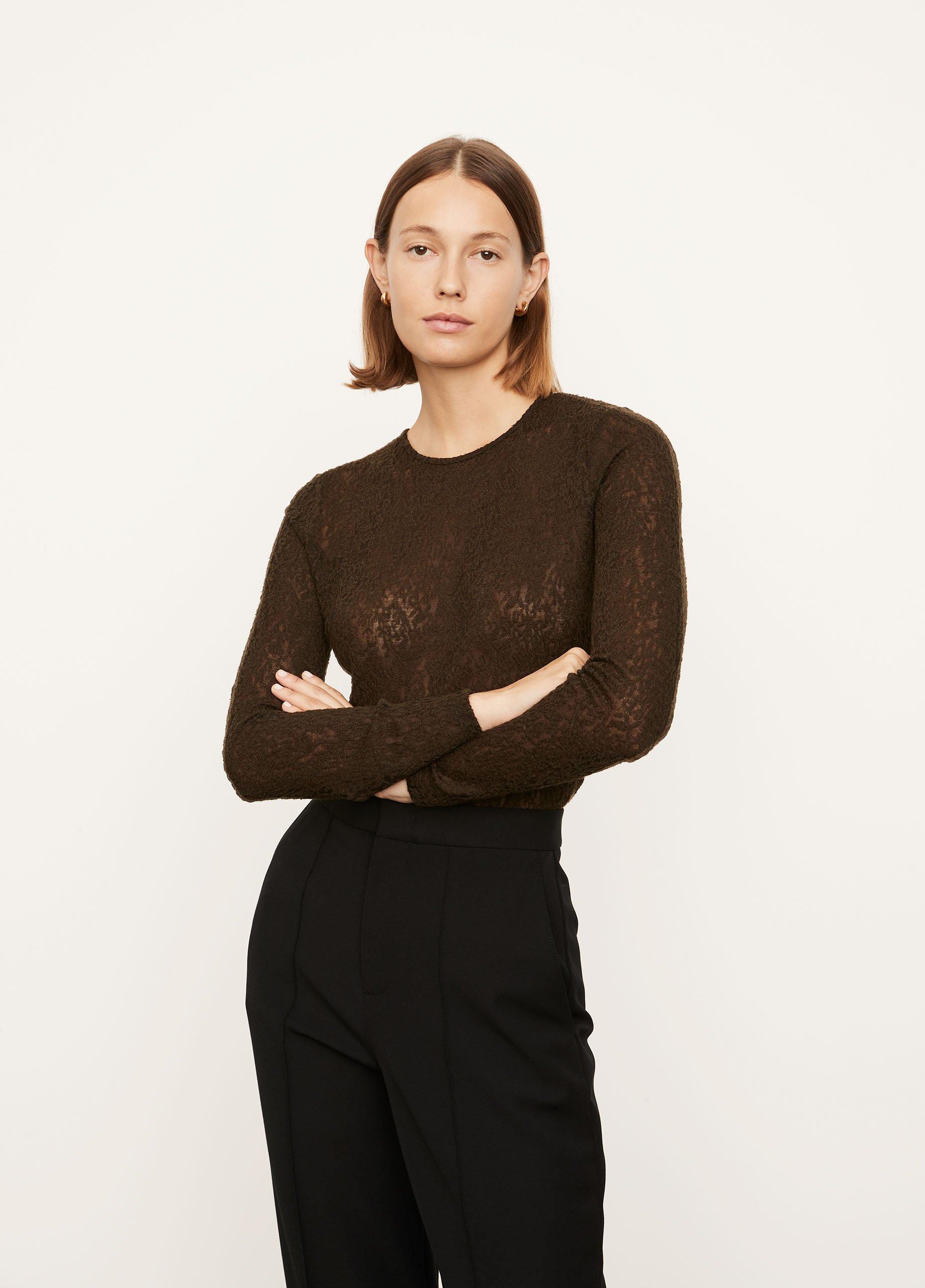 Lace Crew Neck Long Sleeve Fitted Shirt in Vince Products Women