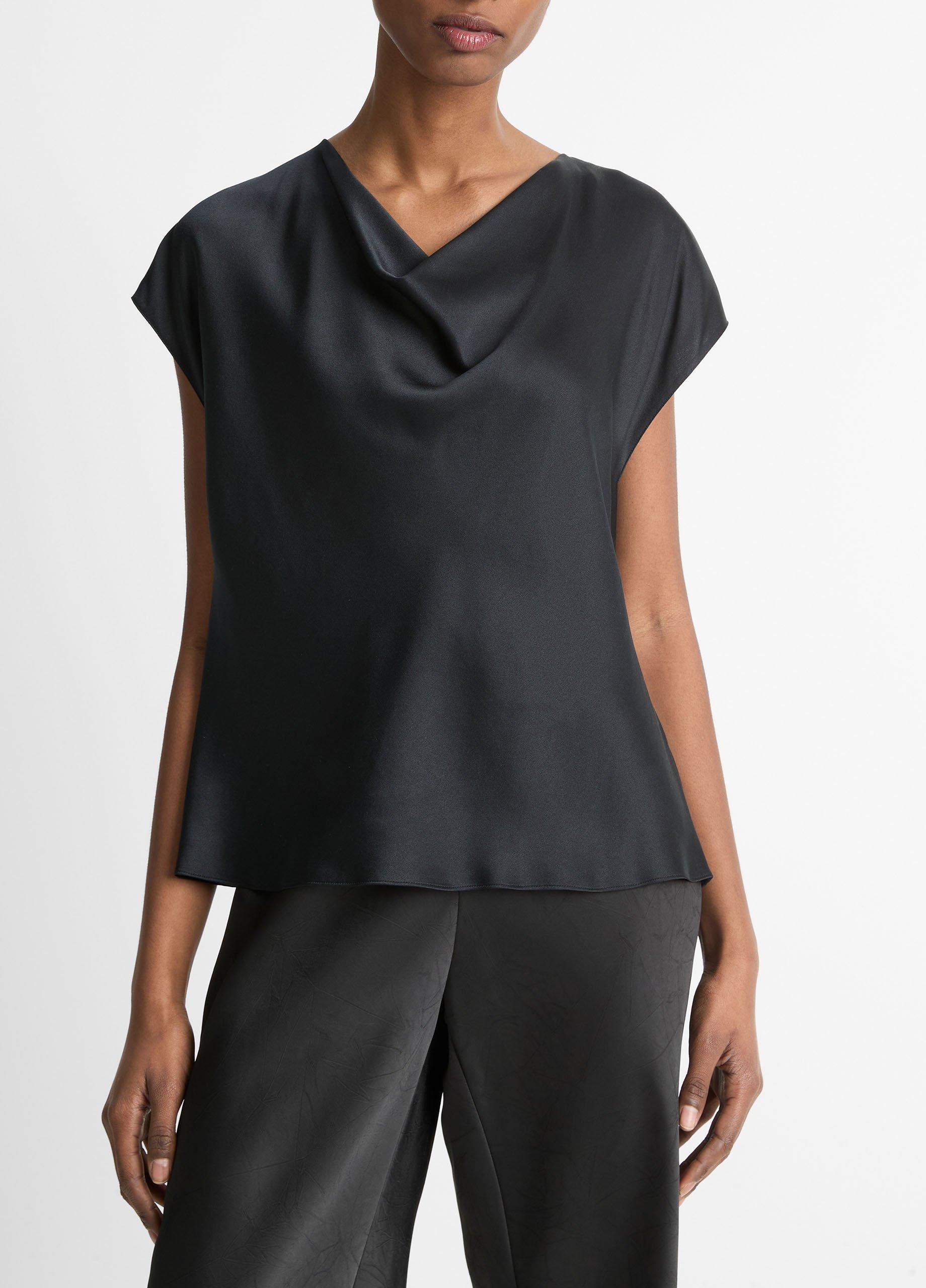 Silk Cowl-Neck Blouse, Black, Size XL Vince