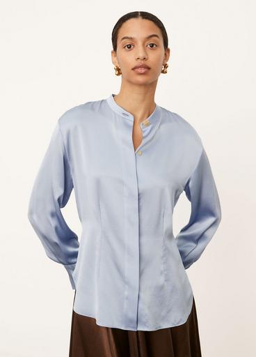 Silk Shaped Long Sleeve Band Collar Blouse image number 1