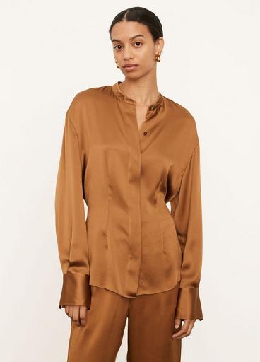 Silk Shaped Long Sleeve Band Collar Blouse image number 1