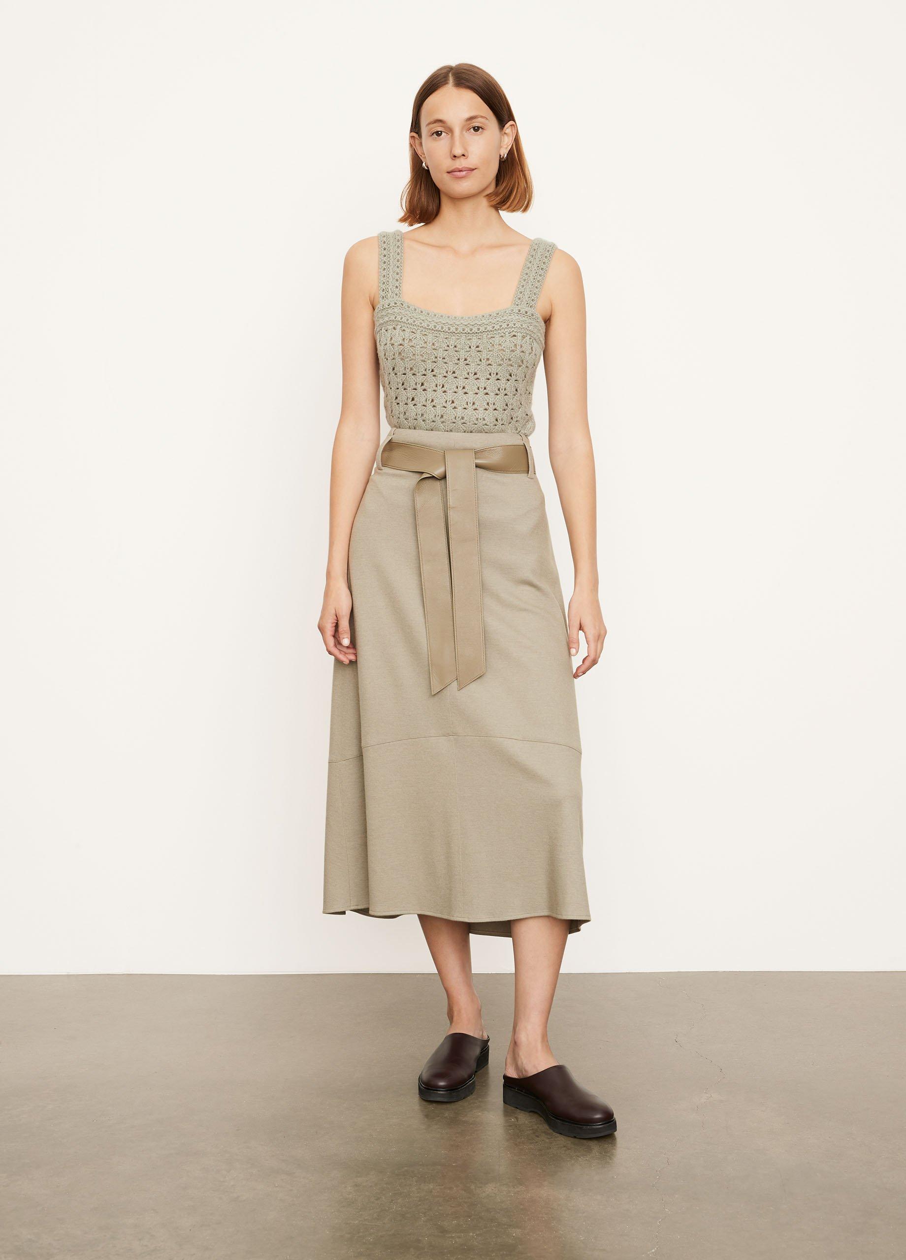 Vince, High Waisted Belted Skirt in Heather Oatmeal