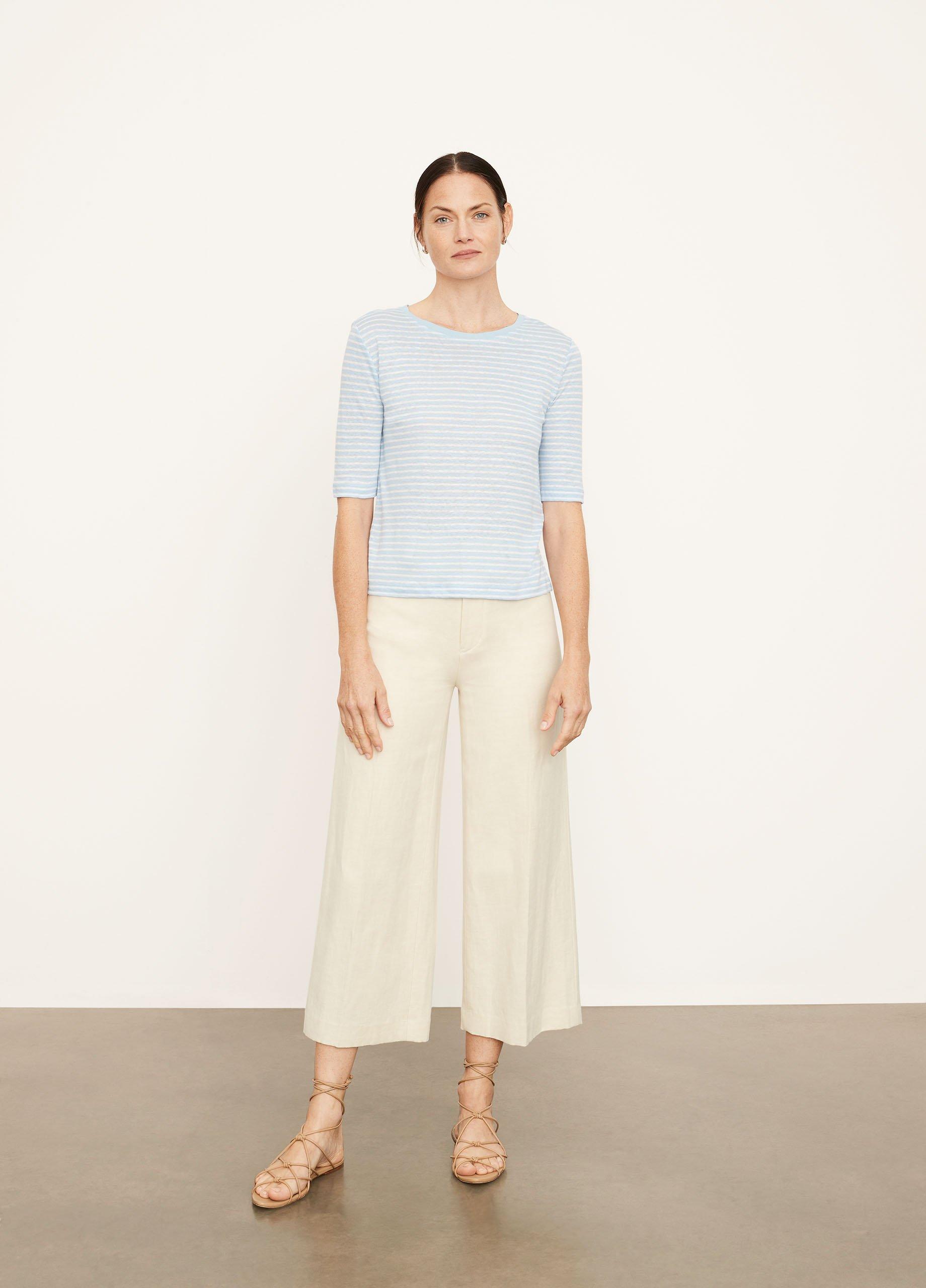 Striped Linen Elbow Sleeve Crew Neck T-Shirt image number 0