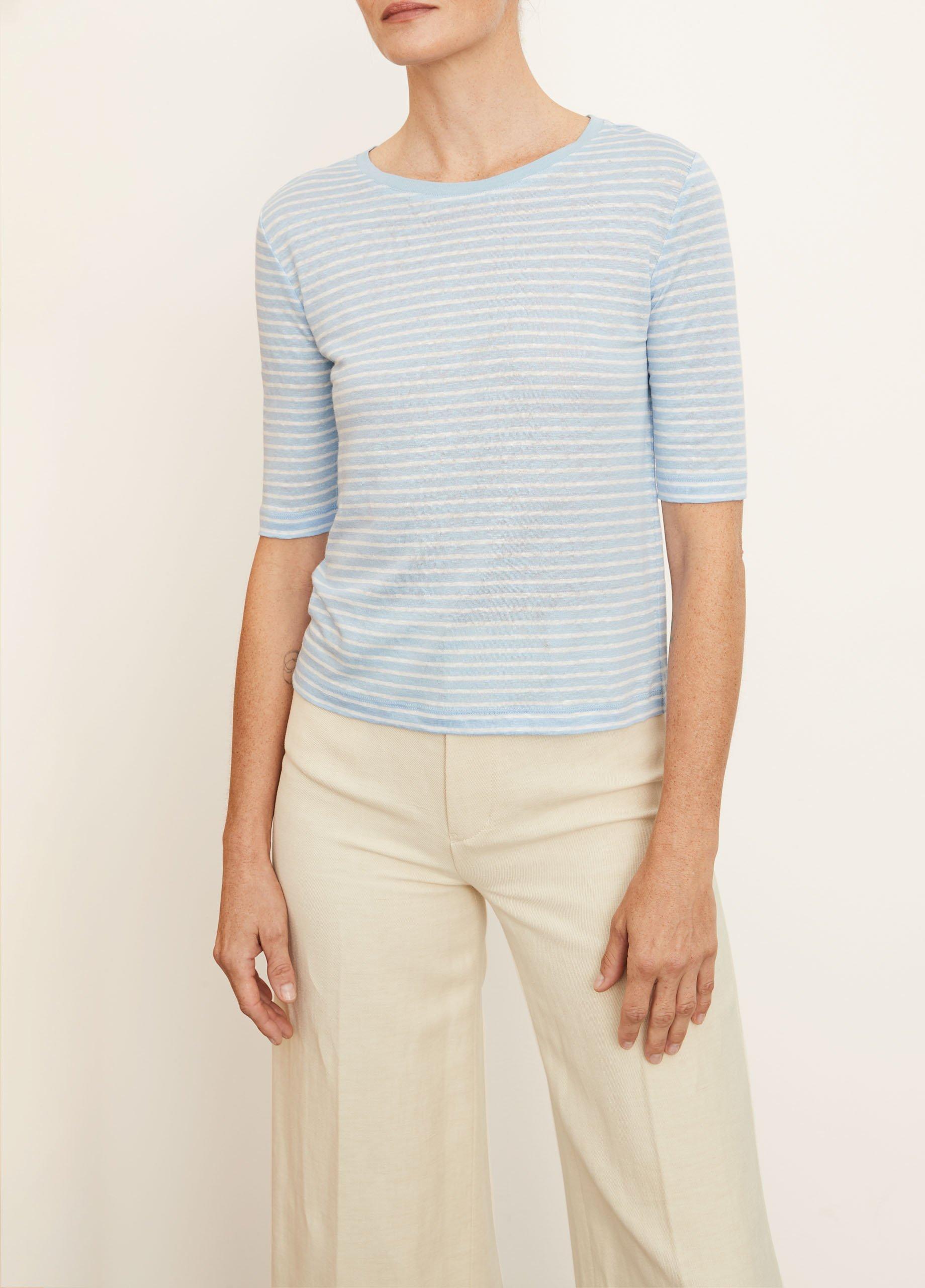 Striped Linen Elbow Sleeve Crew Neck T-Shirt in Vince Products