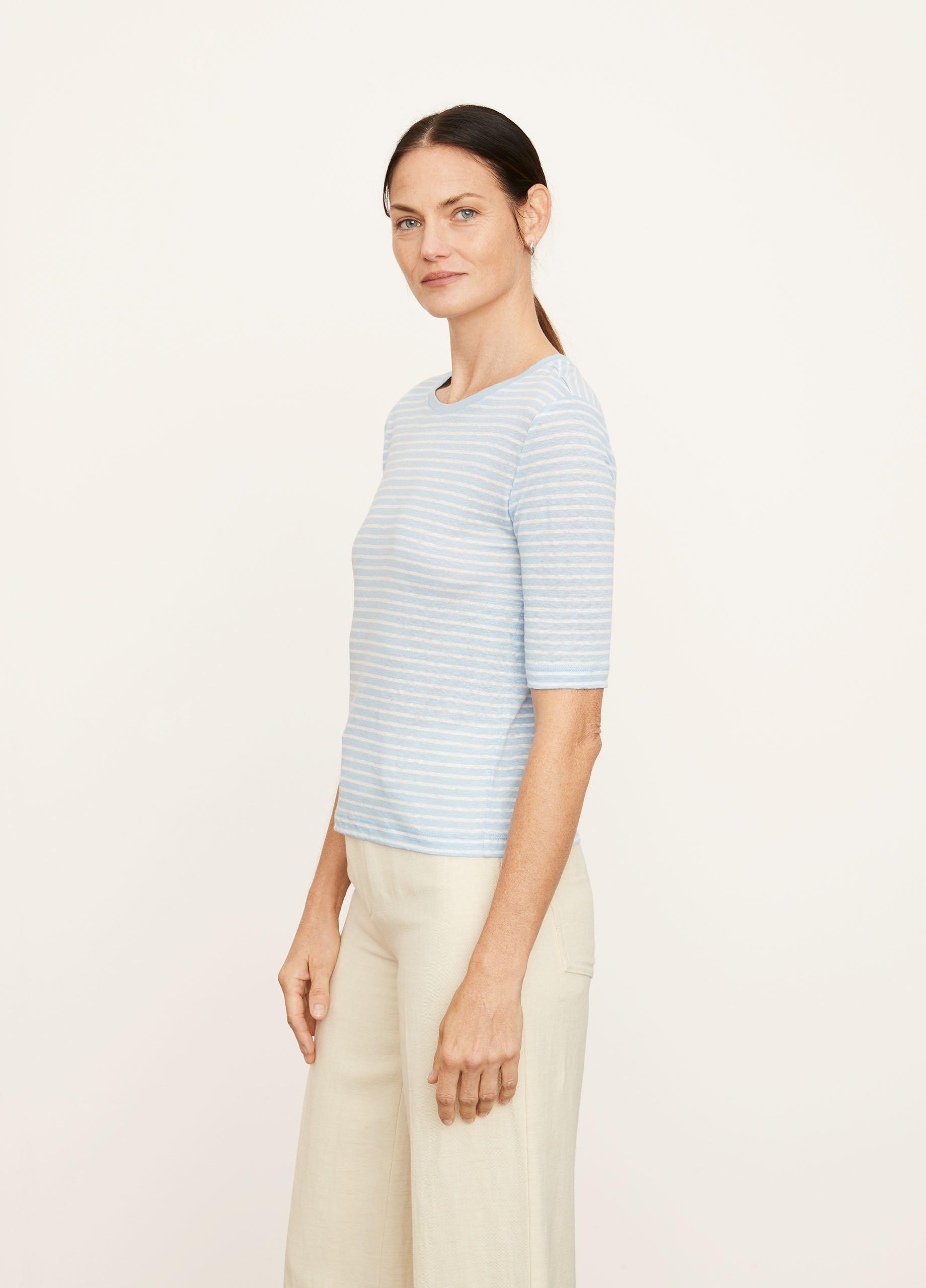 Striped Linen Elbow Sleeve Crew Neck T-Shirt in Vince Products