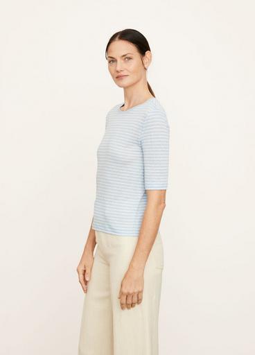 Striped Linen Elbow Sleeve Crew Neck T-Shirt image number 2