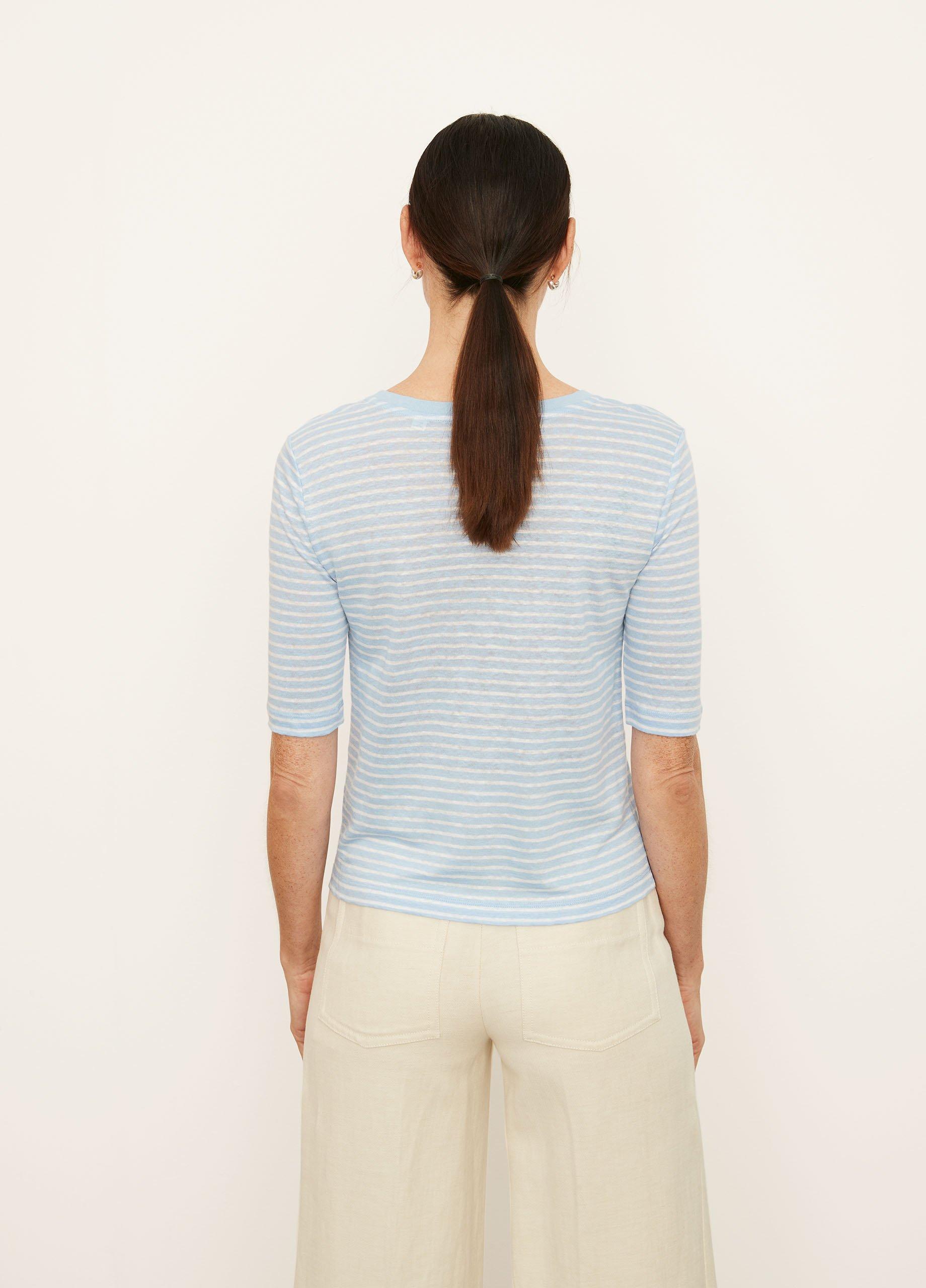 Striped Linen Elbow Sleeve Crew Neck T-Shirt image number 3