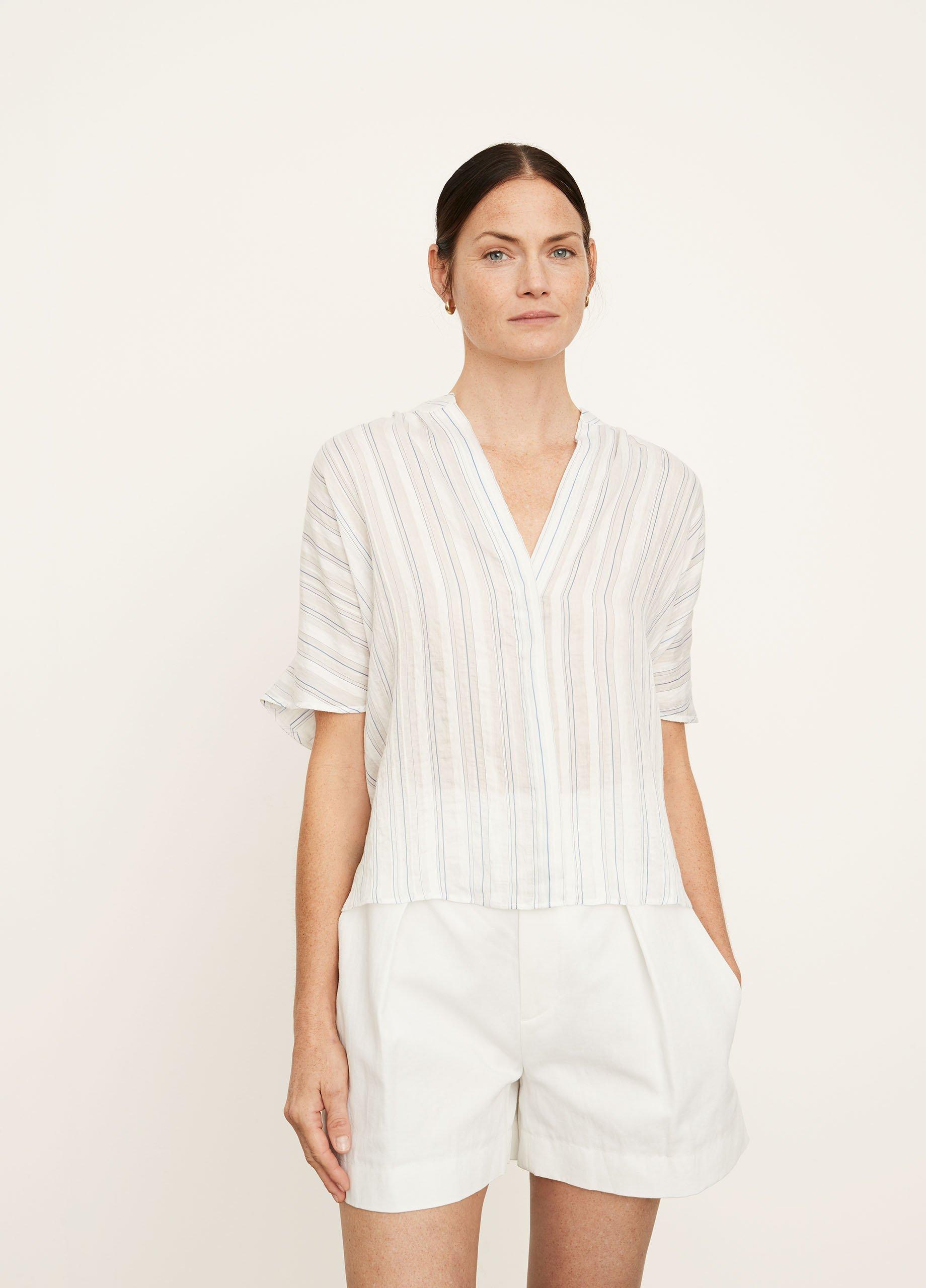 Short Sleeve Drapey Stripe Shirred Blouse image number 1