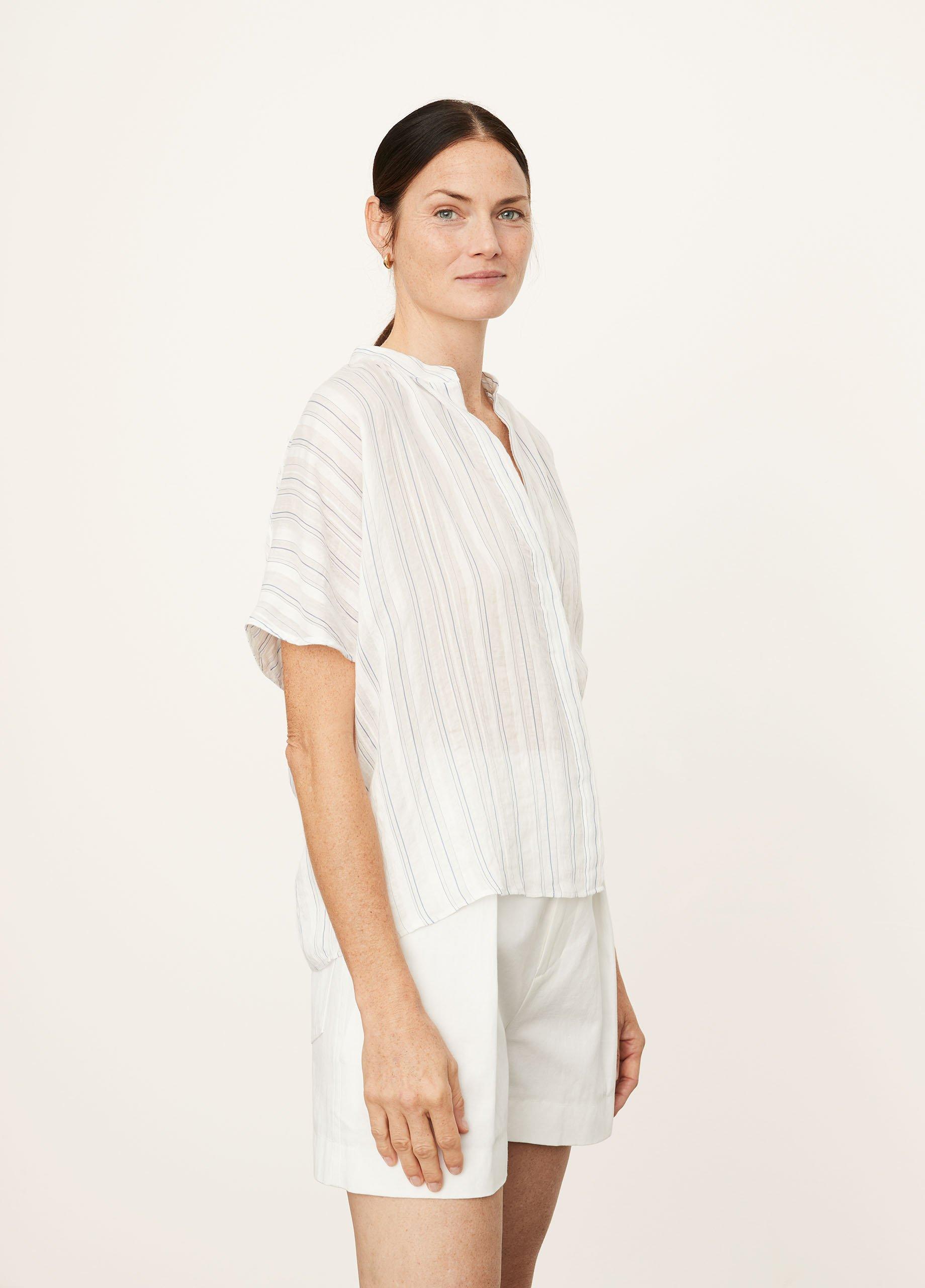 Short Sleeve Drapey Stripe Shirred Blouse image number 2