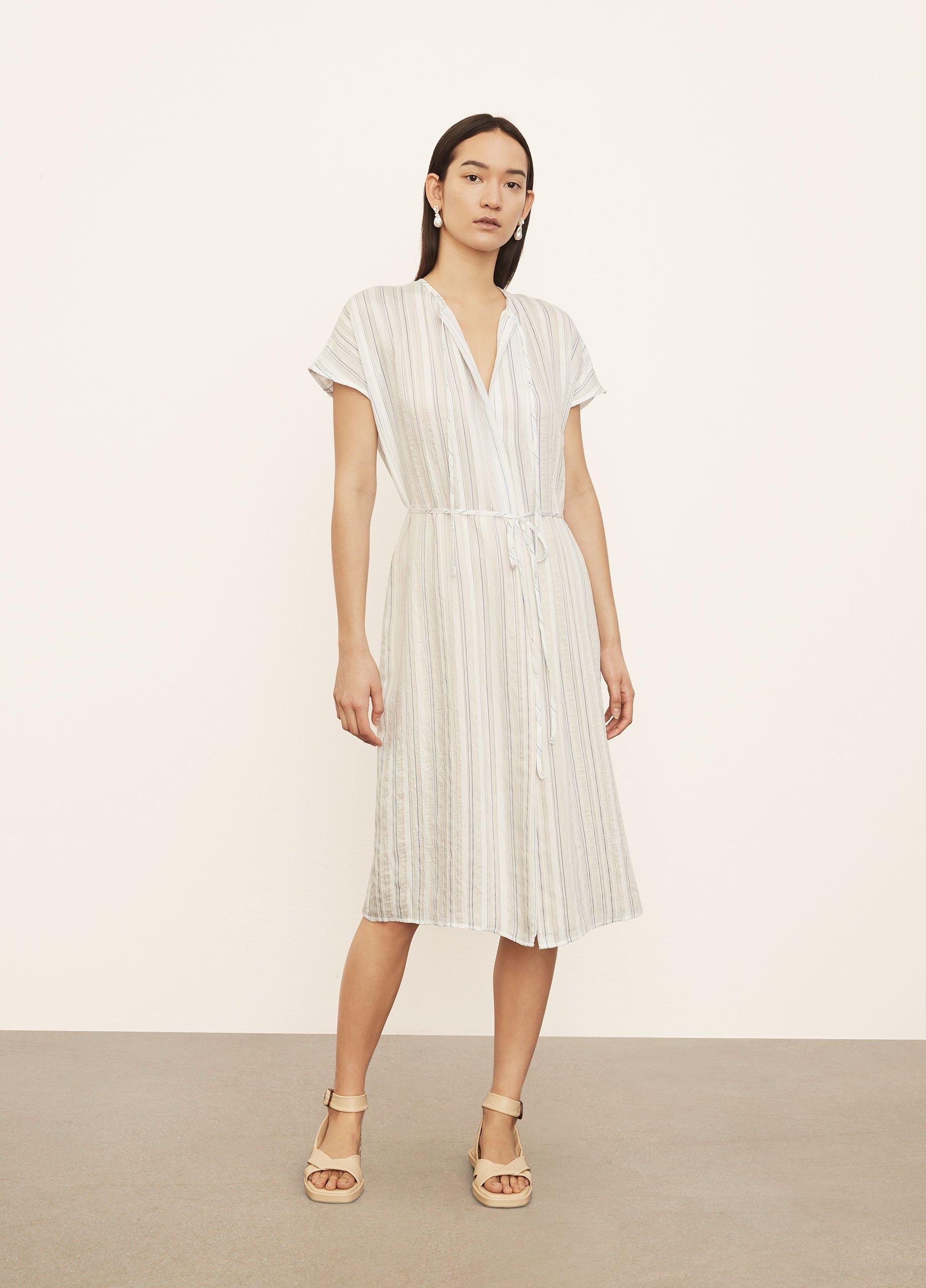 Short Sleeve Drapey Stripe Shirred Dress image number 0