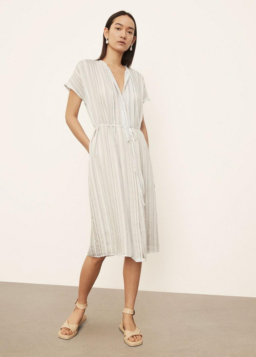 Short Sleeve Drapey Stripe Shirred Dress