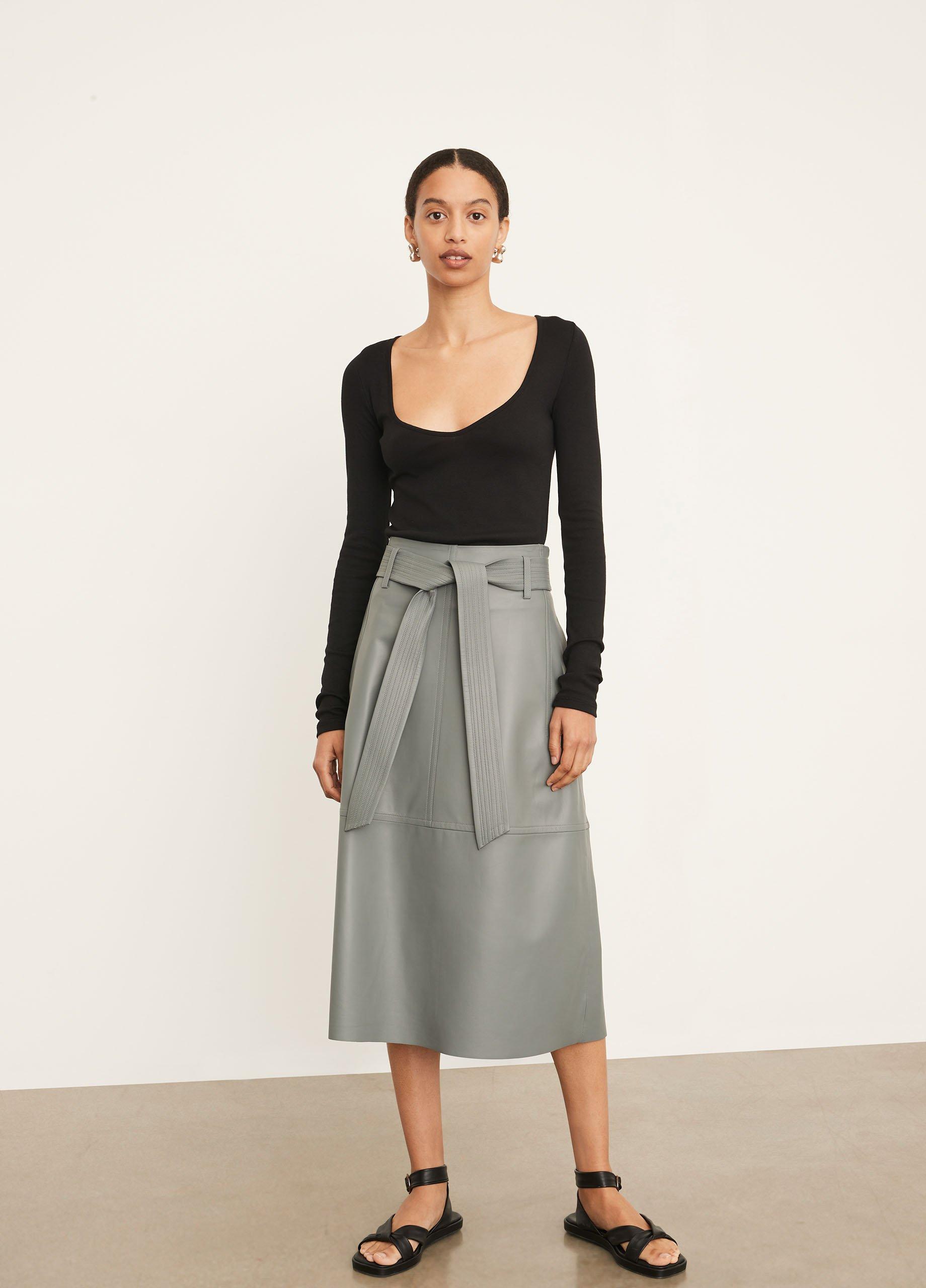 Vince, Belted Leather Skirt in Dark Wheat