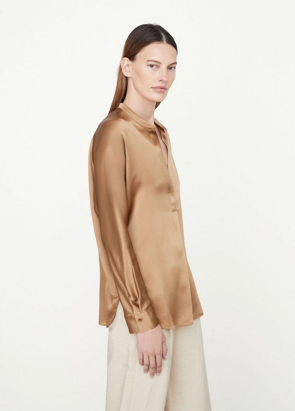 Fitted Silk Band Collar Blouse
