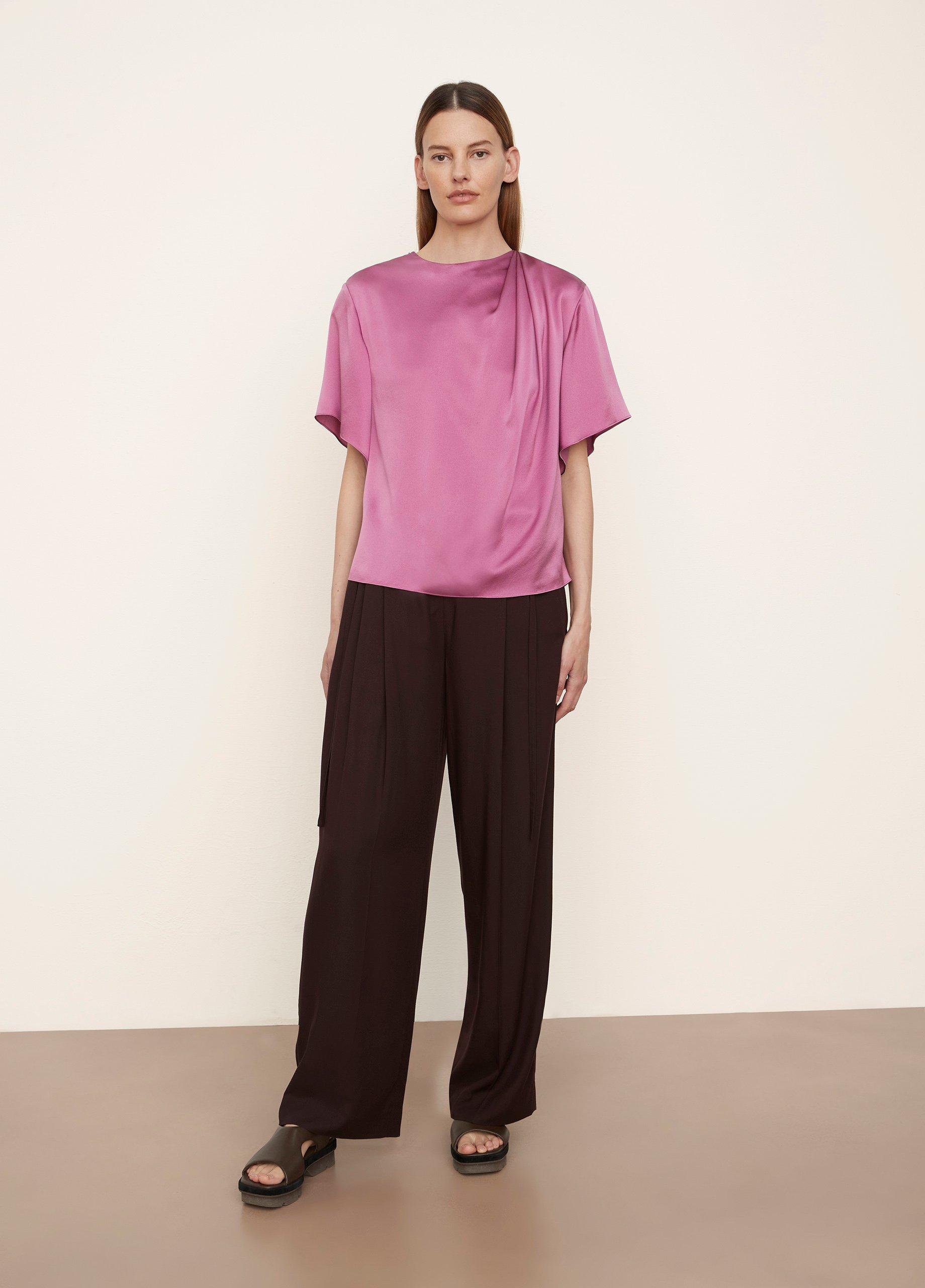 Silk Flutter-Sleeve Draped-Neck Blouse image number 0