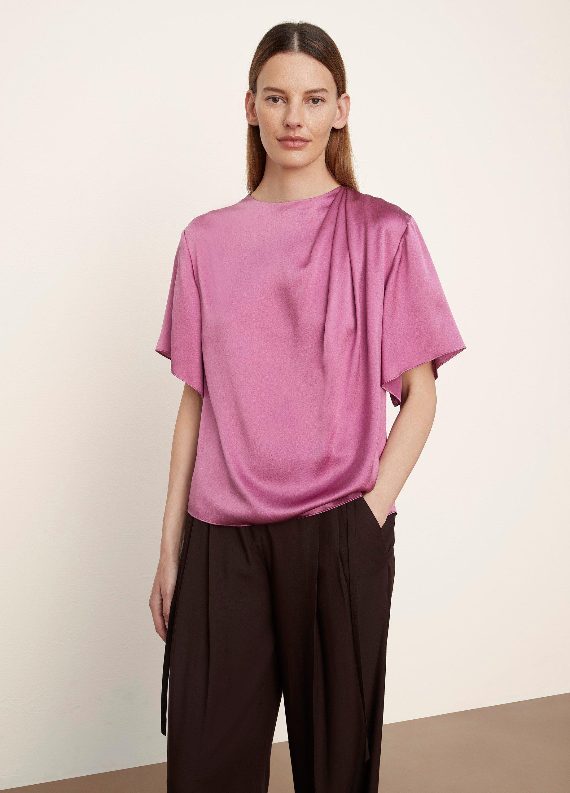 Silk Flutter-Sleeve Draped-Neck Blouse in Vince Products Women | Vince