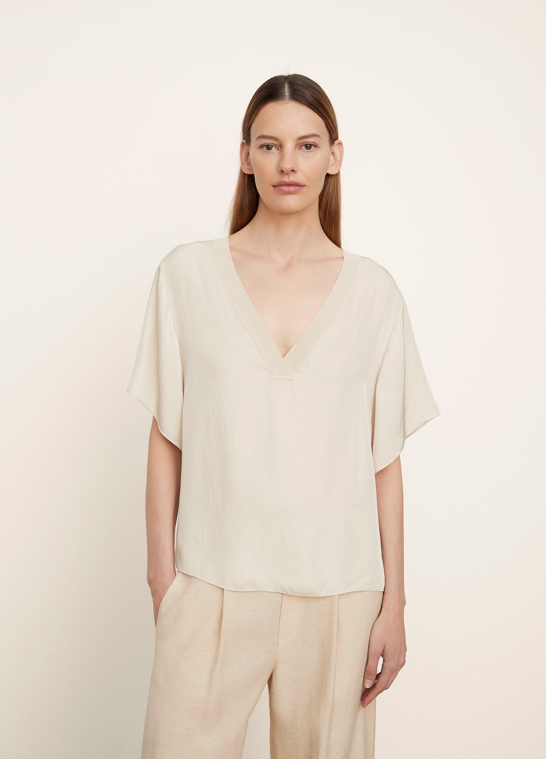 Rib-Trim Double V-Neck Short Sleeve Popover image number 1