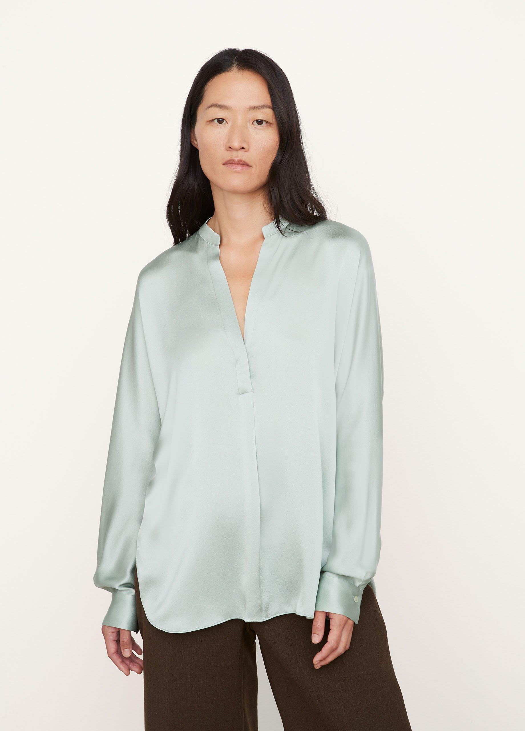 Silk Band Collar Long Sleeve Blouse in Vince Products Women | Vince