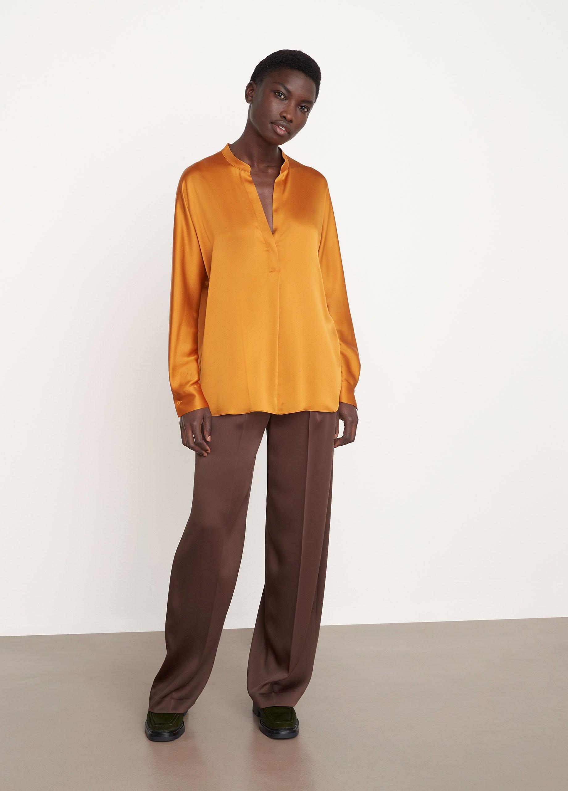 Vince Silk Band Collar Long Sleeve Blouse, Gold, Size M Vince